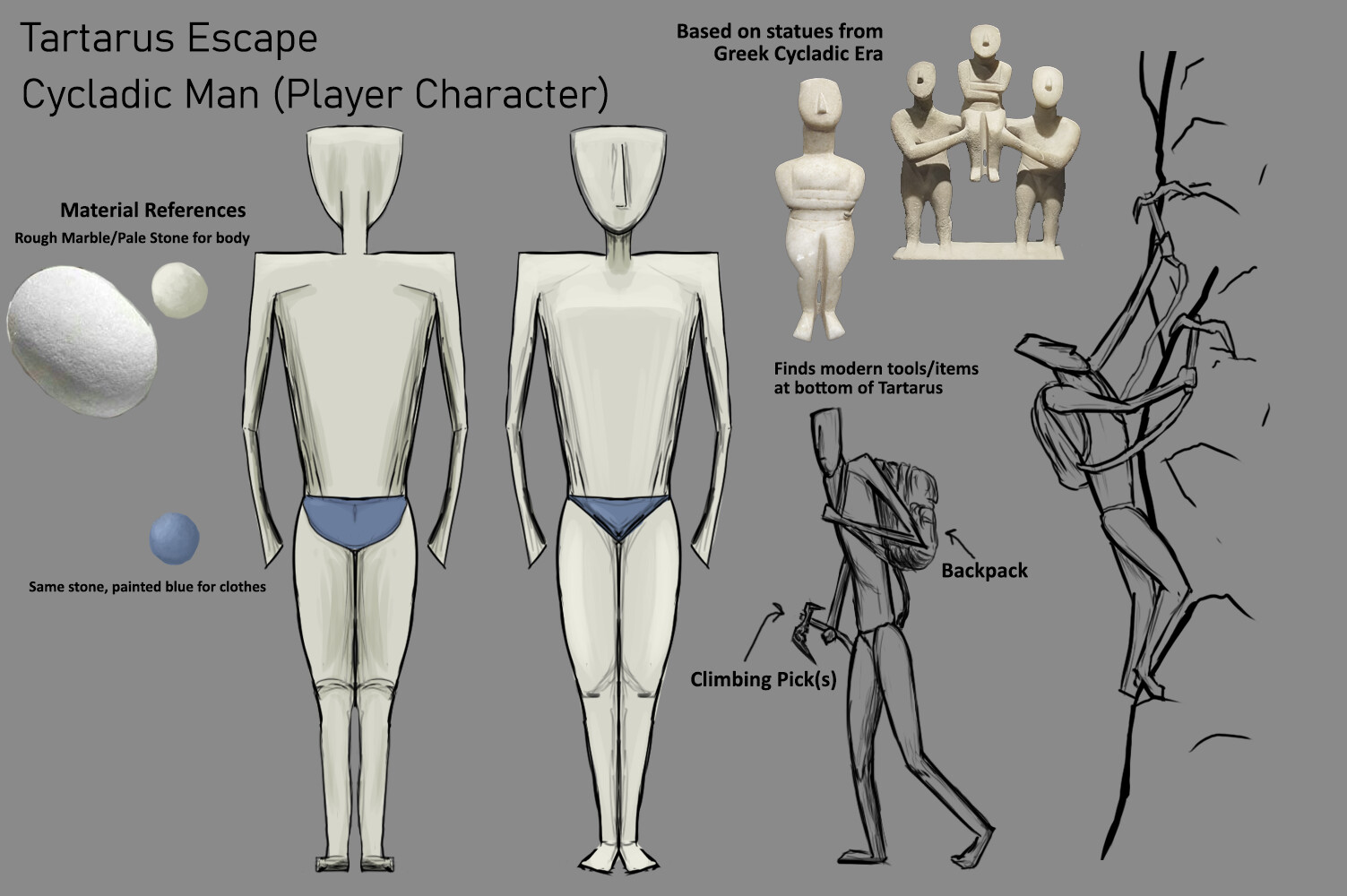 Cycladic Man Design Sheet, featuring sketches and design + material references