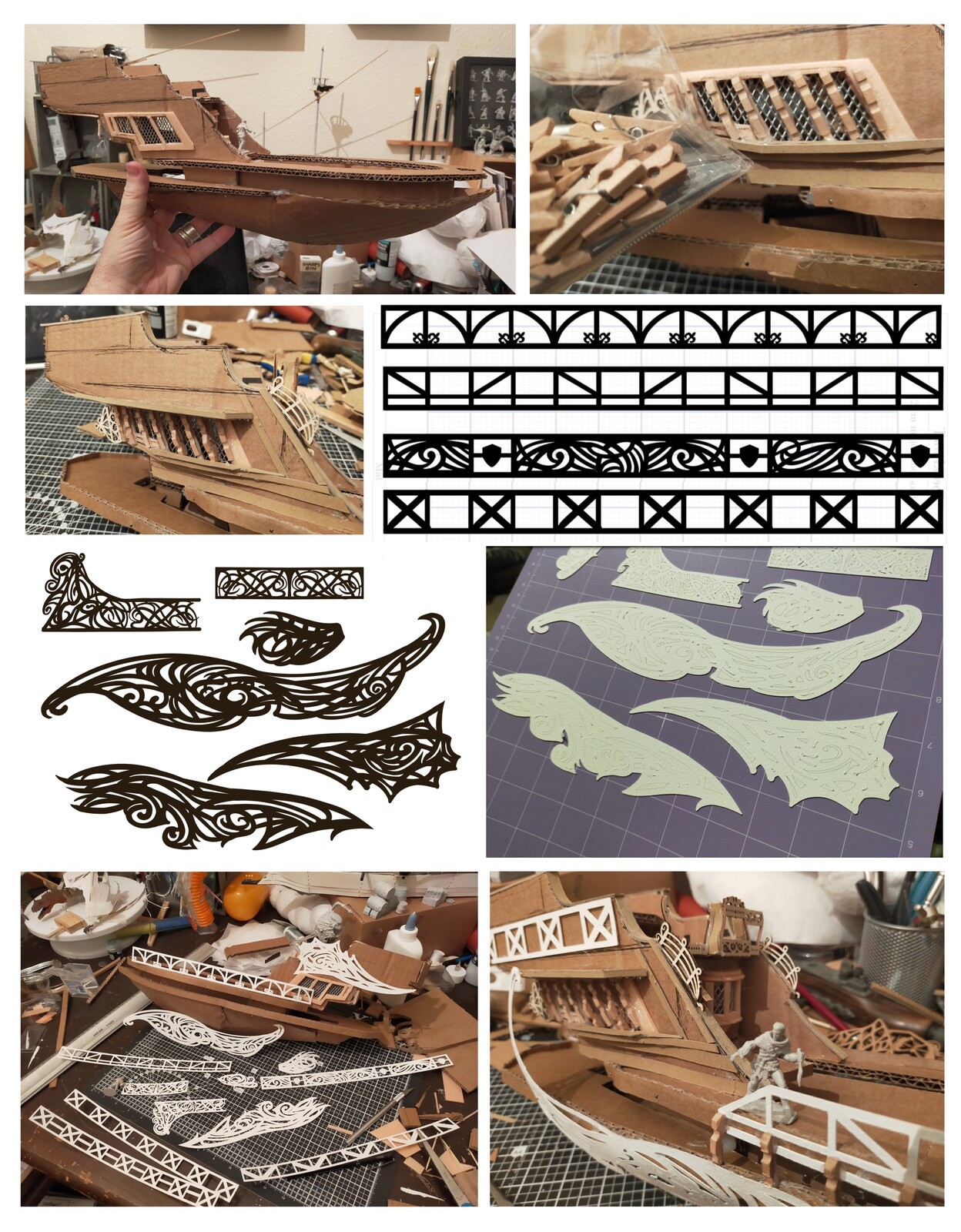 The process of creating fret-cut  paper sections to add to the ship using a cric-cut machine.