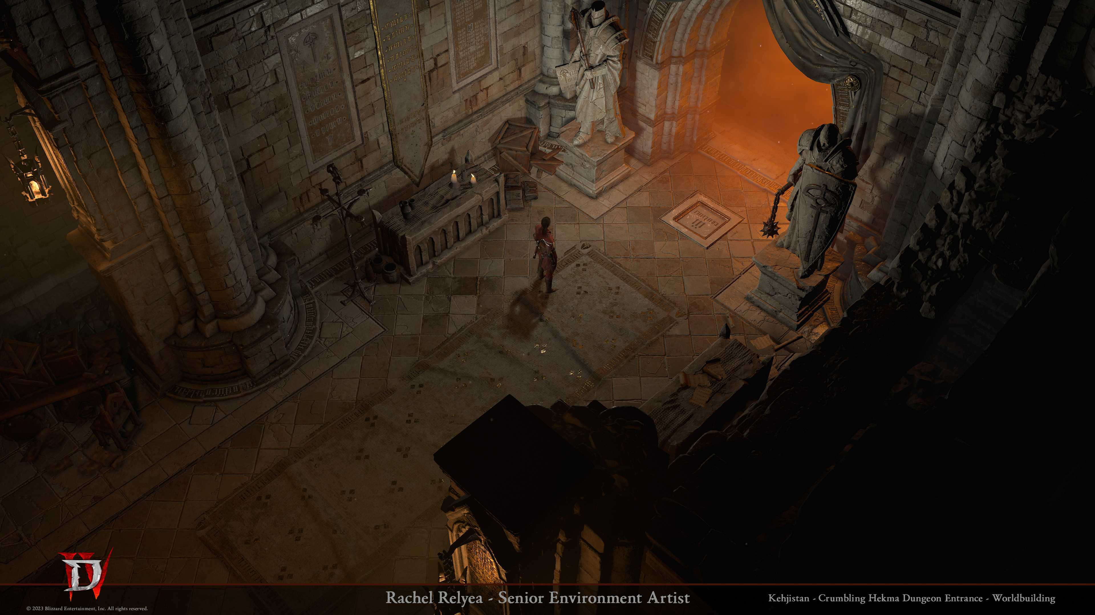 Dungeon entrance revealed after quest completion - needed to match aesthetic of the Crumbling Hekma dungeon while still integrating with the look and feel of the stronghold