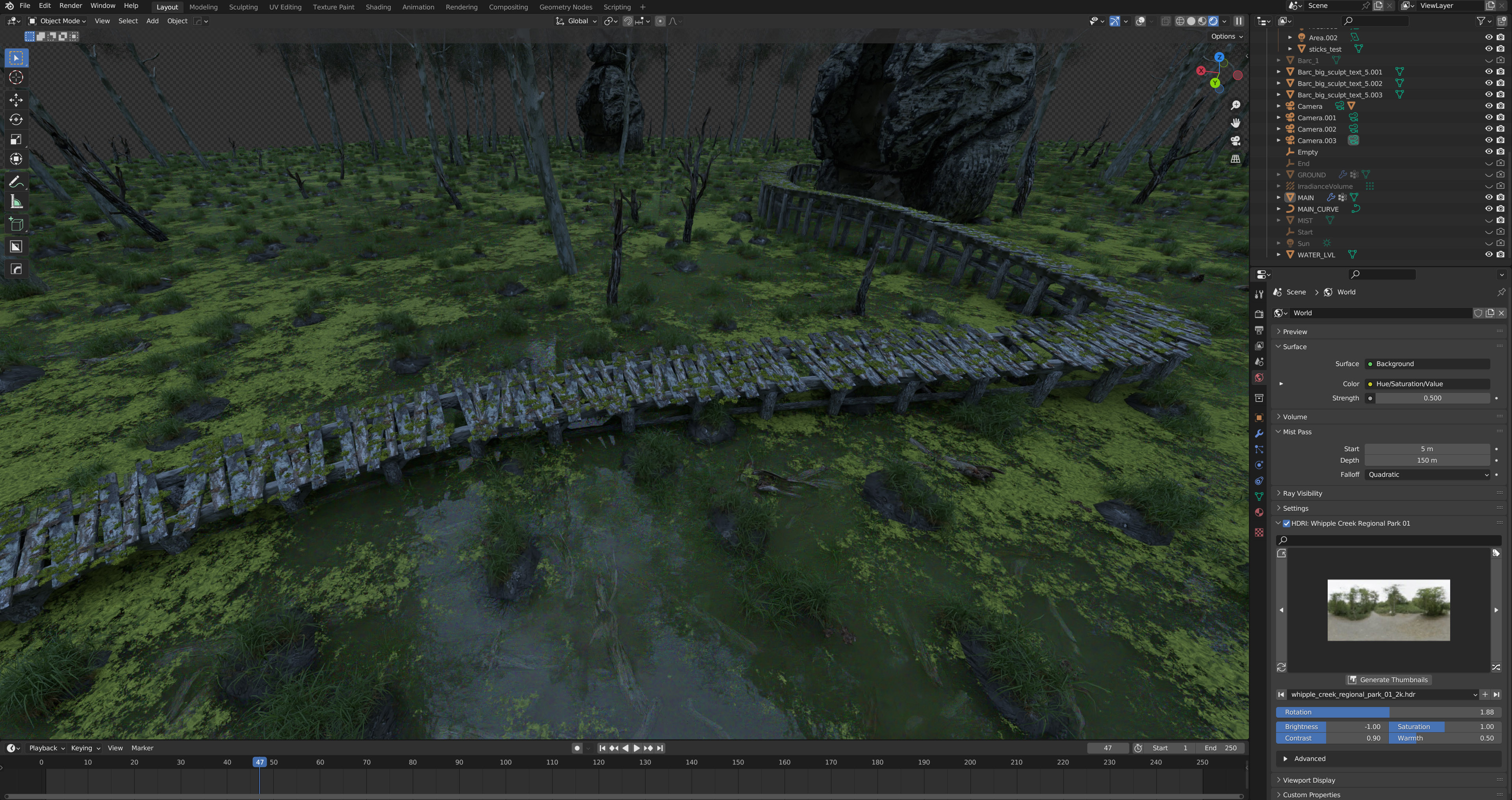 Most of the work was done in Blender 3d in geometry nodes alongside some sculpting/texturing and using bought 3d assets for set dressing.