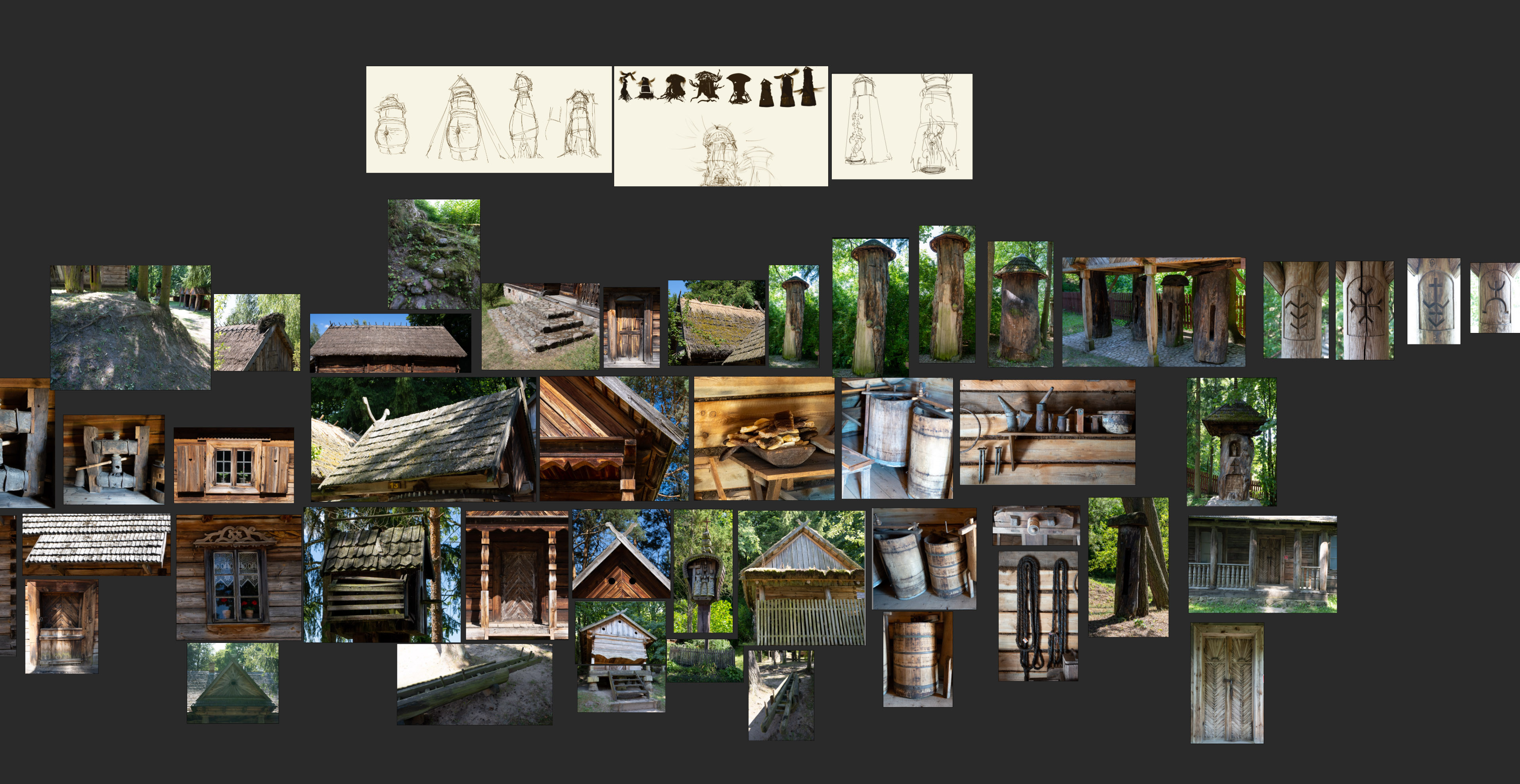 Photo refs that I took and some initial sketches for the hero objects for the scene