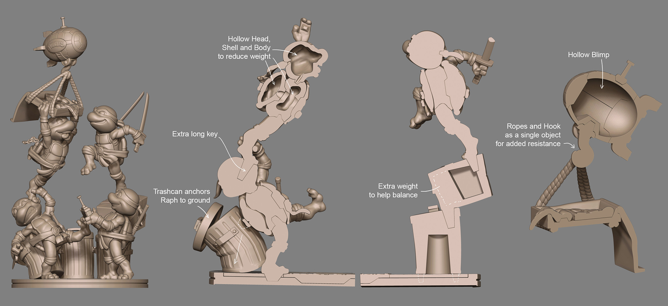 Some tricks to balance the piece while making it look unbalanced and dynamic :)
