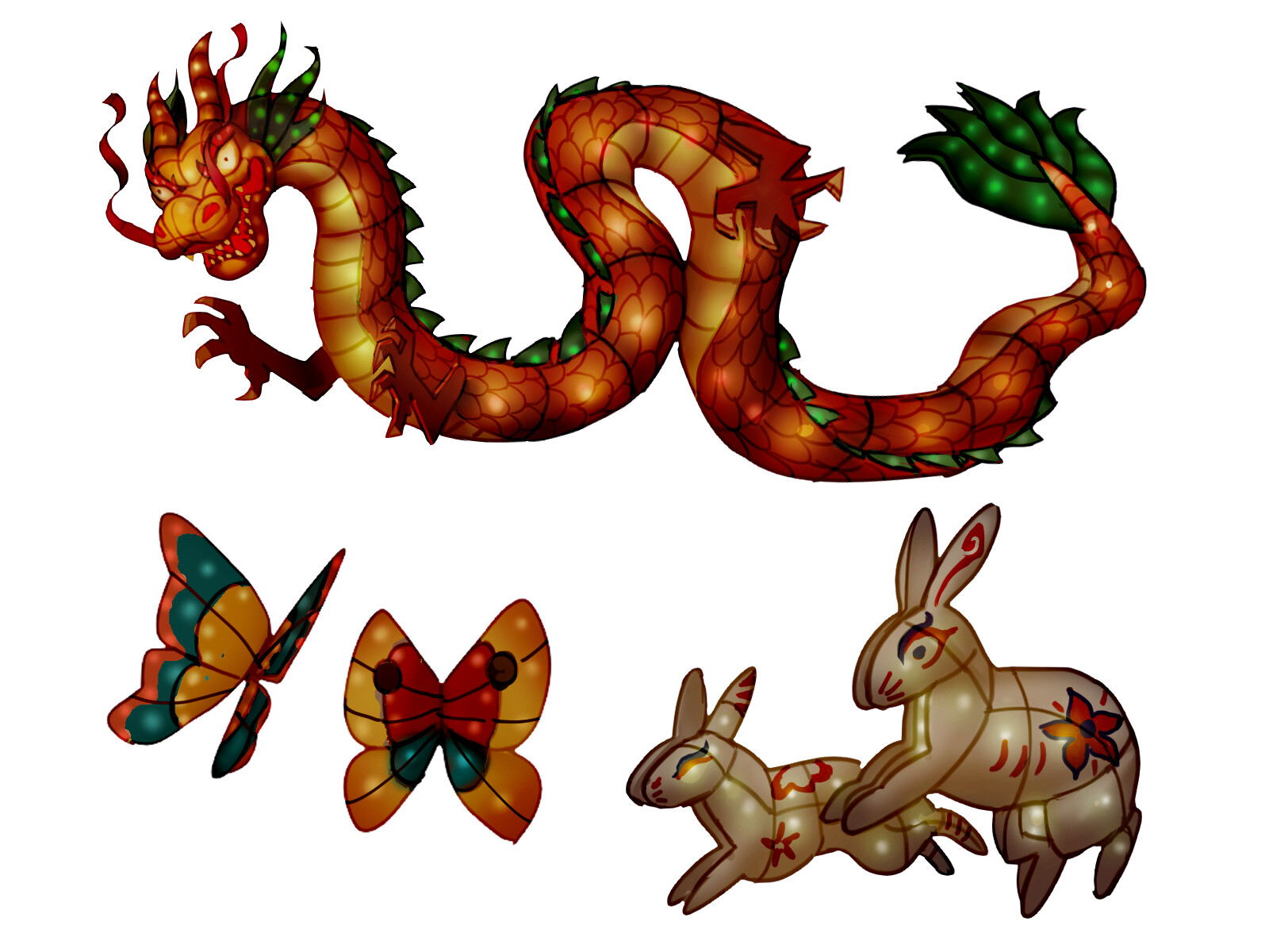 Dragons, butterflies and Bunnies.