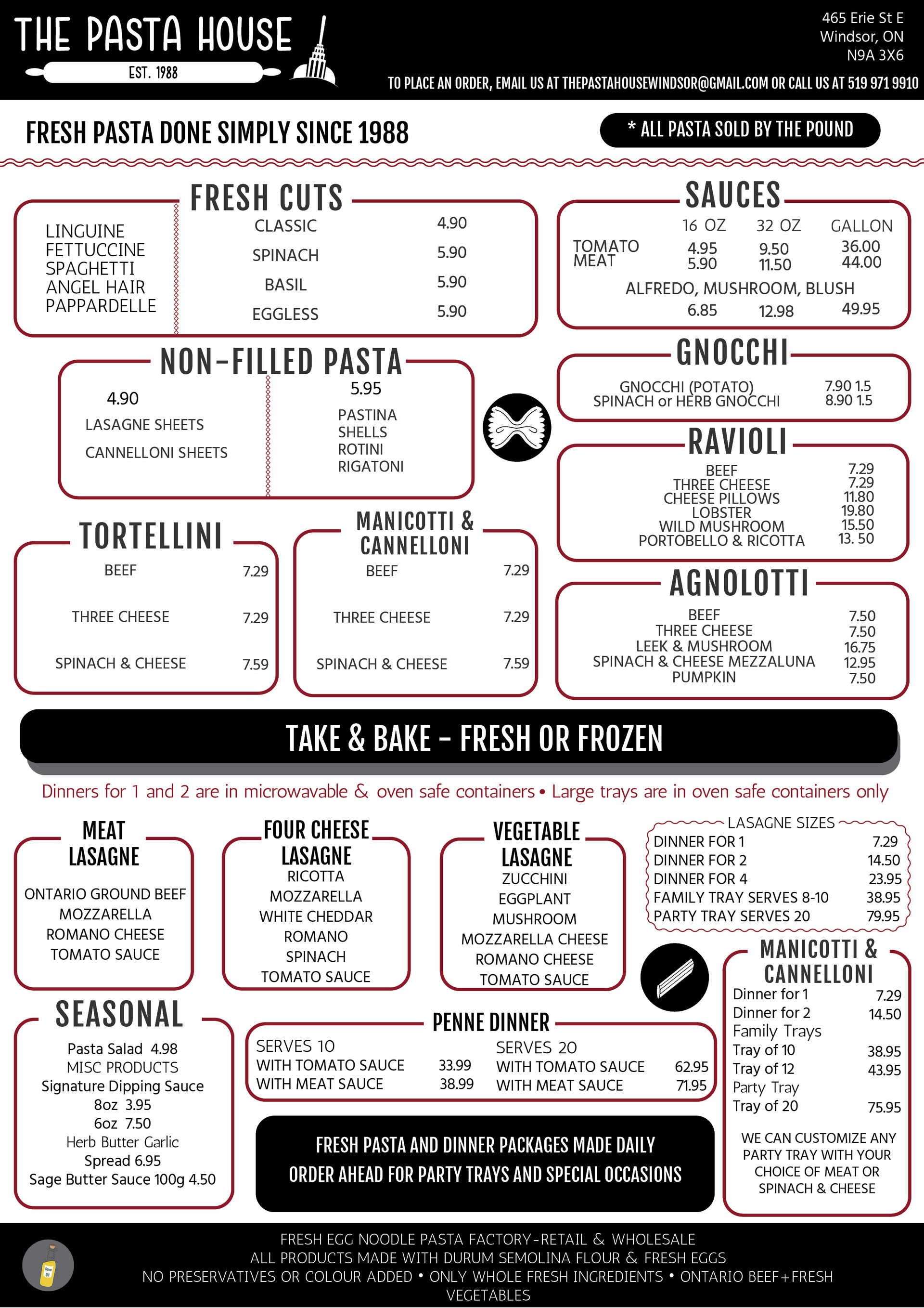 The pasta store house menu