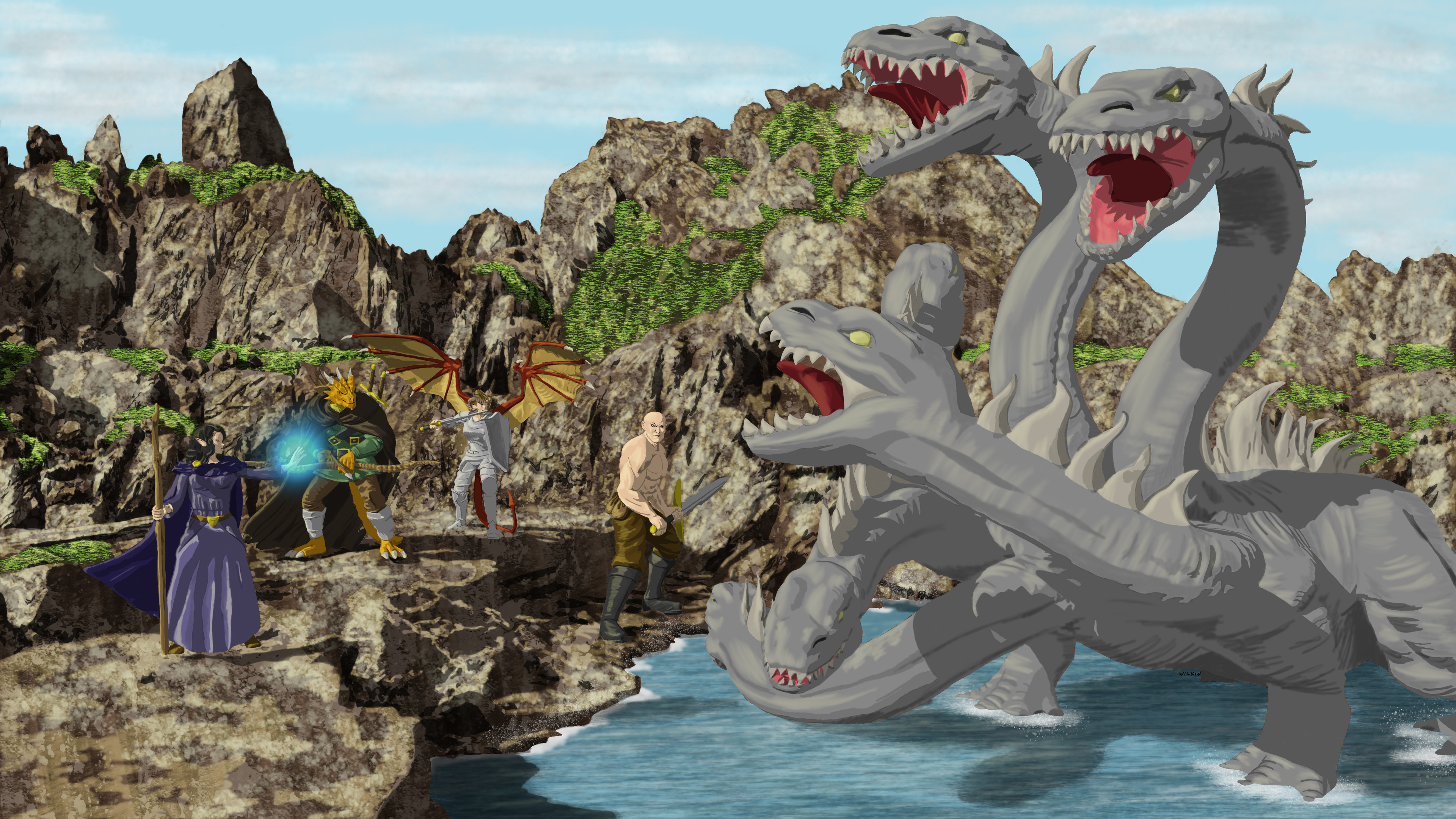 Adventurers fighting a Hydra