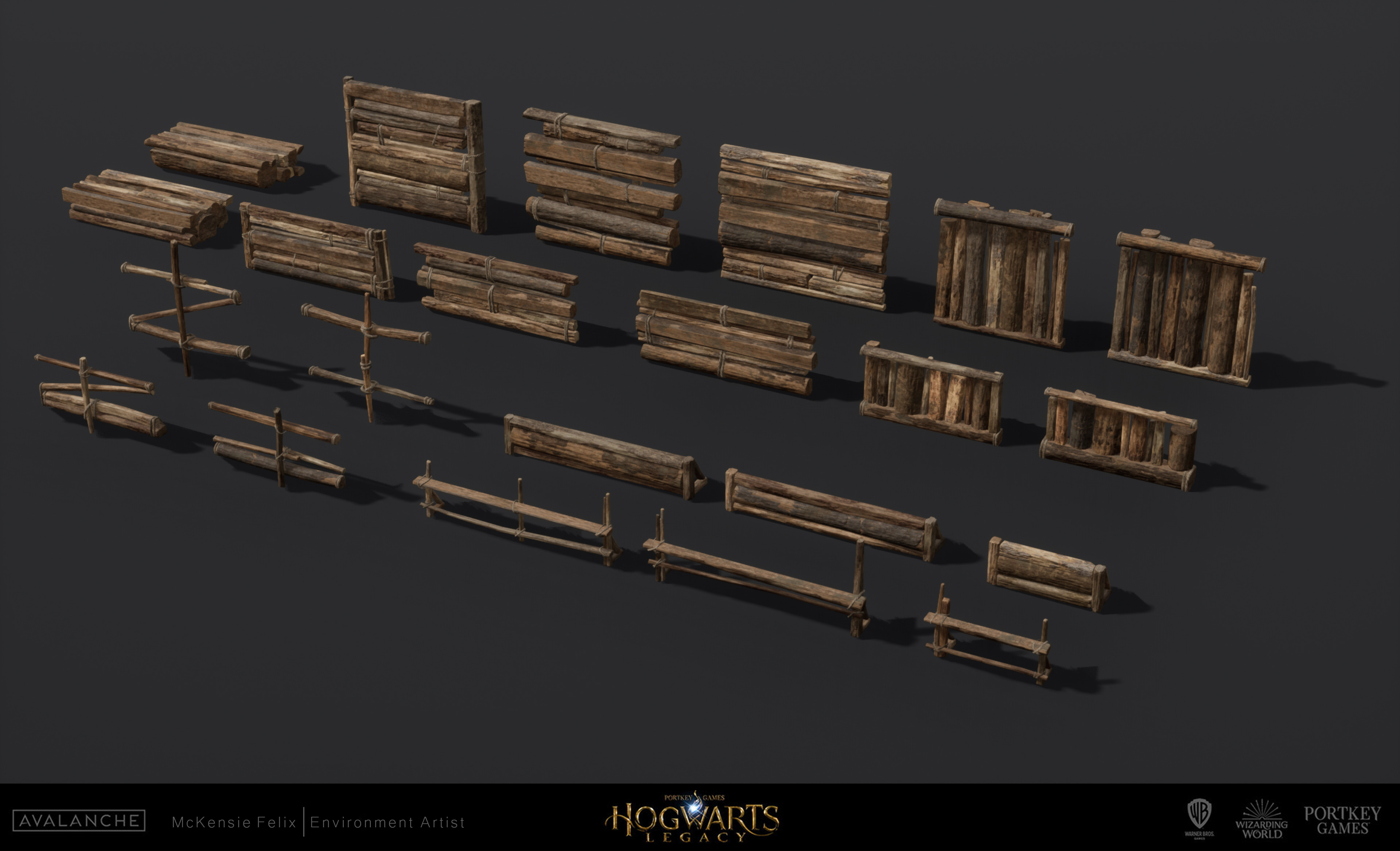 I was responsible for putting together the models for these pieces and the surfacing for the thinner logs. Work on the other logs was done by outsourcing artists. 