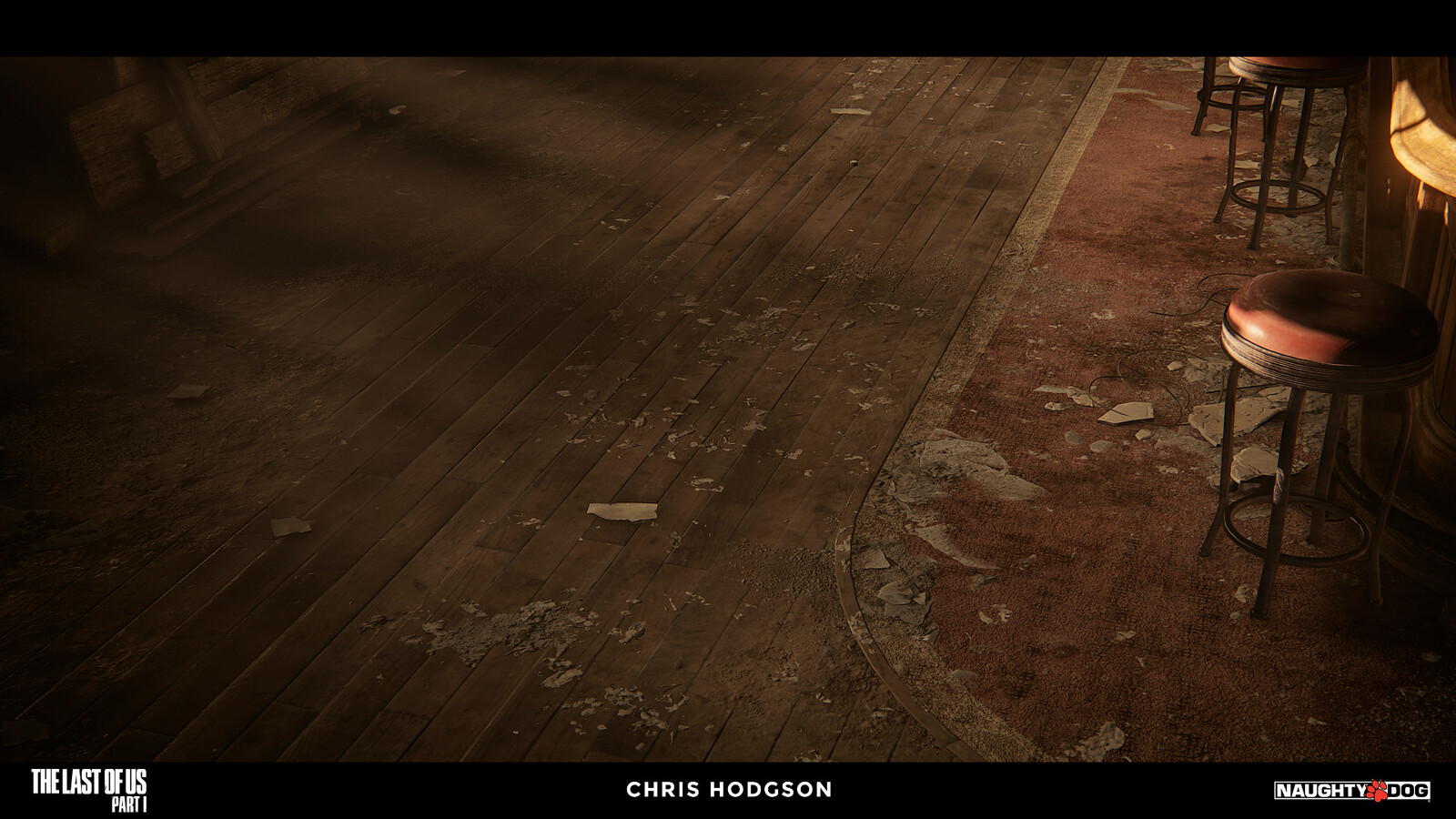 I created this old wooden floorboard material for the Naughty Dog material library. I am only responsible for creating the source material, not the blending, shader creation, or propping in the screenshot.