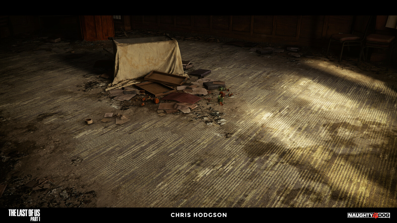 I created this patterned carpet material for the Naughty Dog material library. I am only responsible for creating the source material, not the blending, shader creation, or propping in the screenshot.