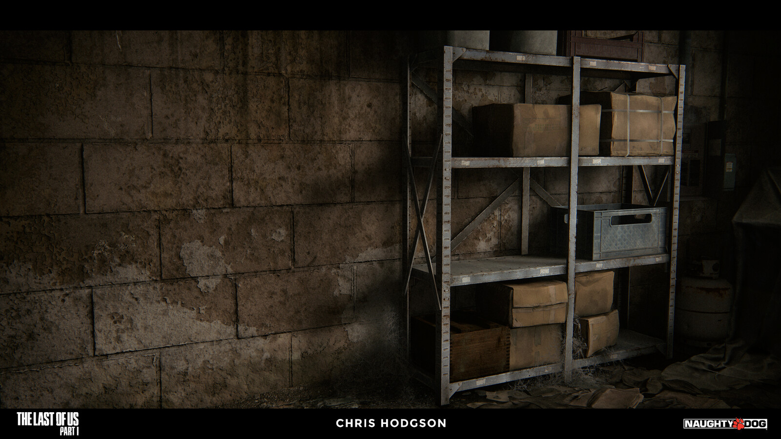 I created this cinderblock wall material for the Naughty Dog material library. I am only responsible for creating the source material, not the blending, shader creation, or propping in the screenshot.