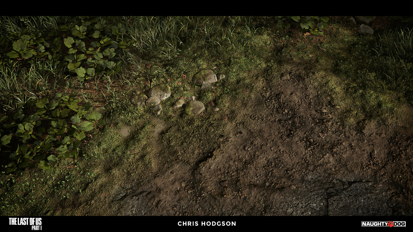 I created this mud and moss material for the Naughty Dog material library. I am only responsible for creating the source material, not the blending, shader creation, or propping in the screenshot.