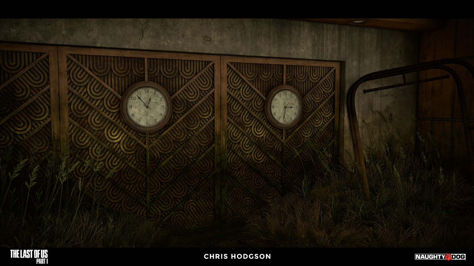 I created this metal art deco pattern material for the Naughty Dog material library. I am only responsible for creating the source material, not the blending, shader creation, or propping in the screenshot.
