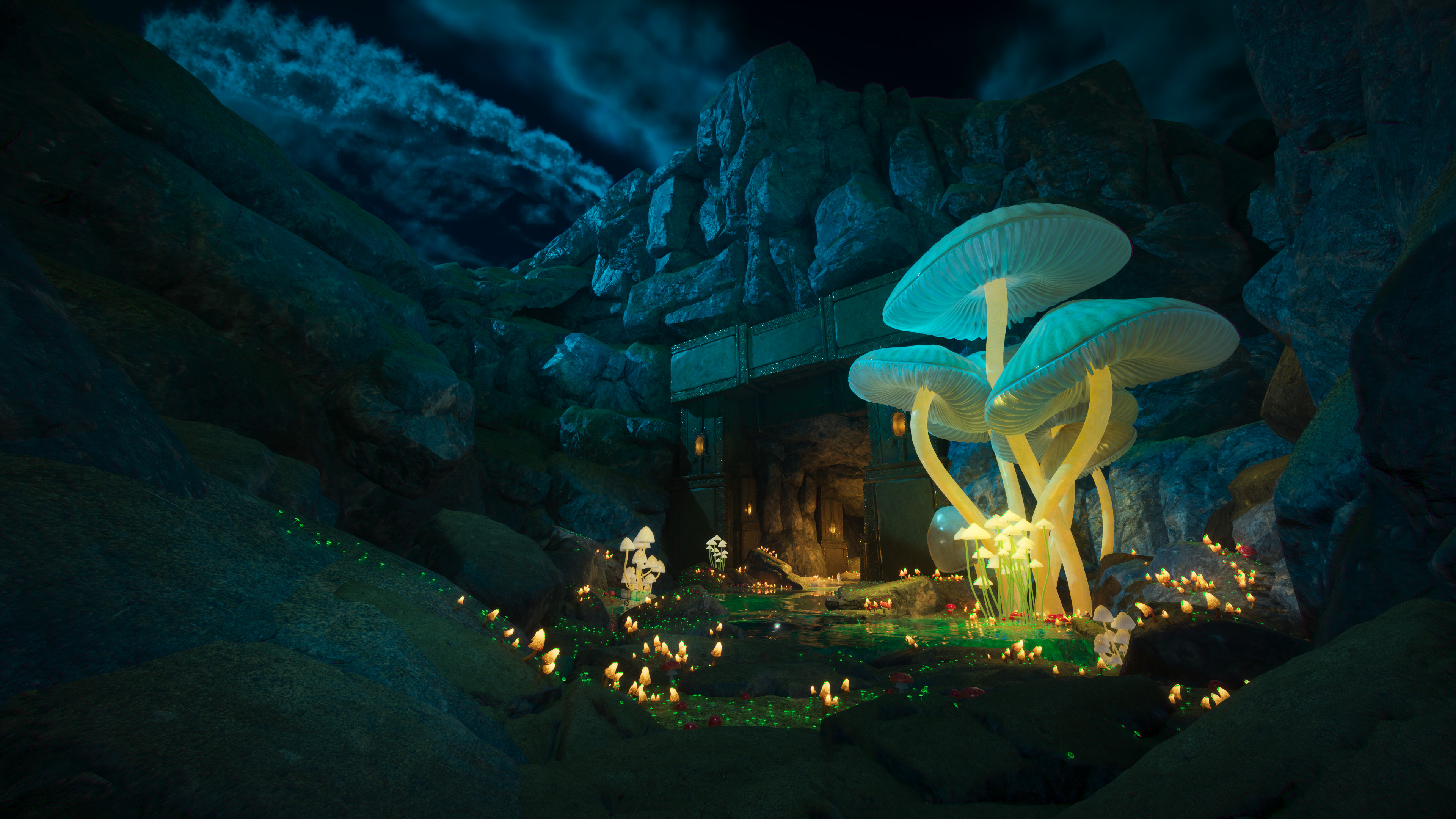 The Idea of mushrooms came into my mind, I think, after I watched Avatar 2. When I saw those beautiful foliage like giant trees, small mushroom-like grass, people, all inspired me to reconsider my project and make a much better scene with impressive light