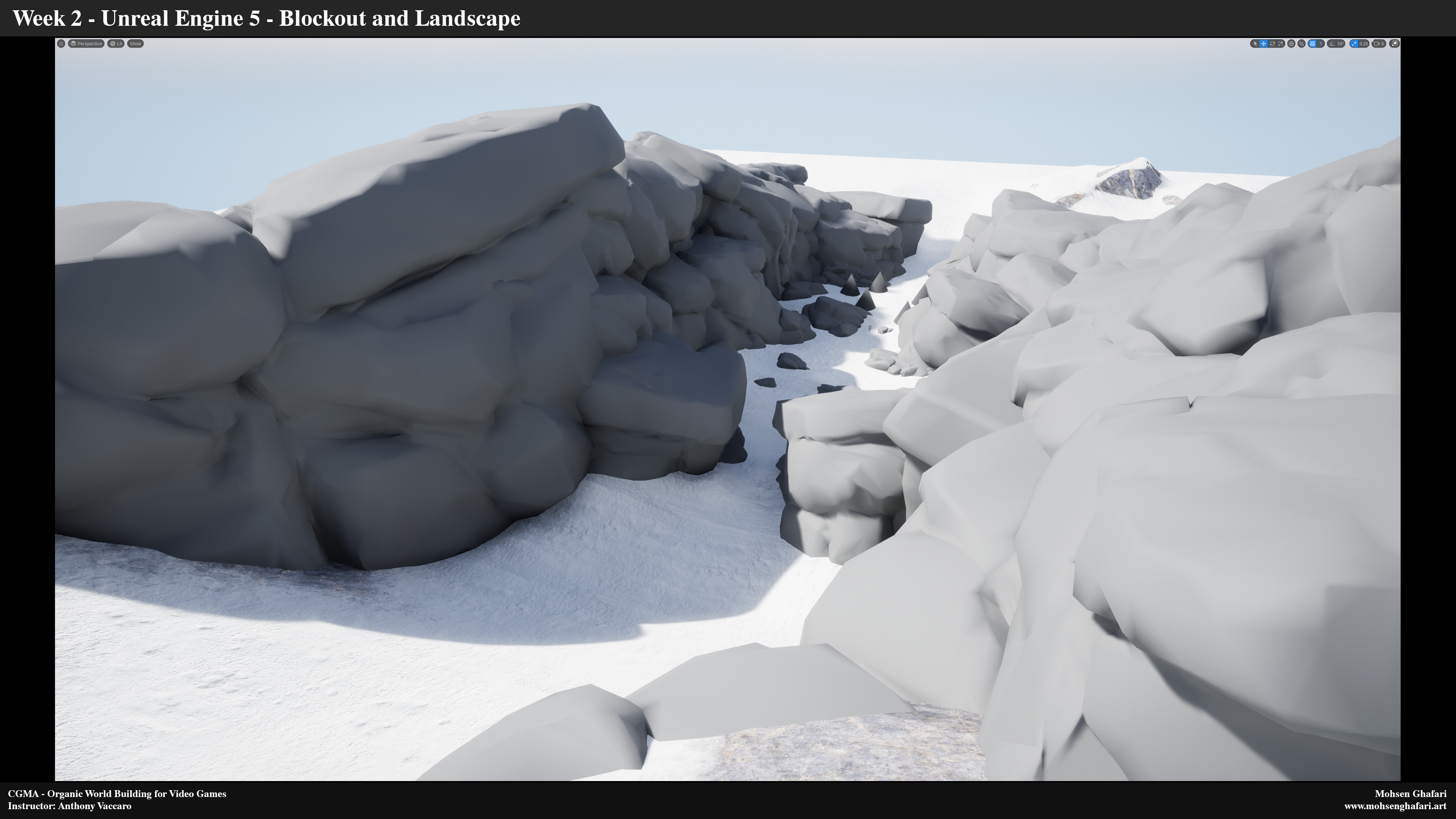 These two blockout are the early stages of my scene and I was struggling to find the right composition and shape, eventually it goes down to smaller portion of the scene which these rocks supported it.