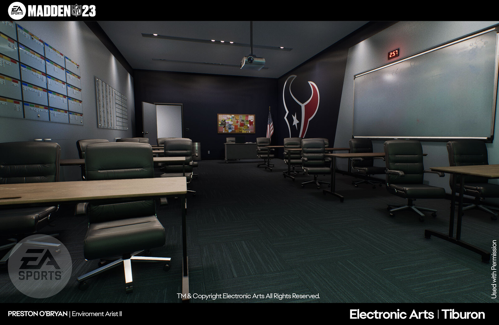 This environment resembles a team meeting room where NFL teams would congregate to discuss plays/footage. Used for some of our cinematics.