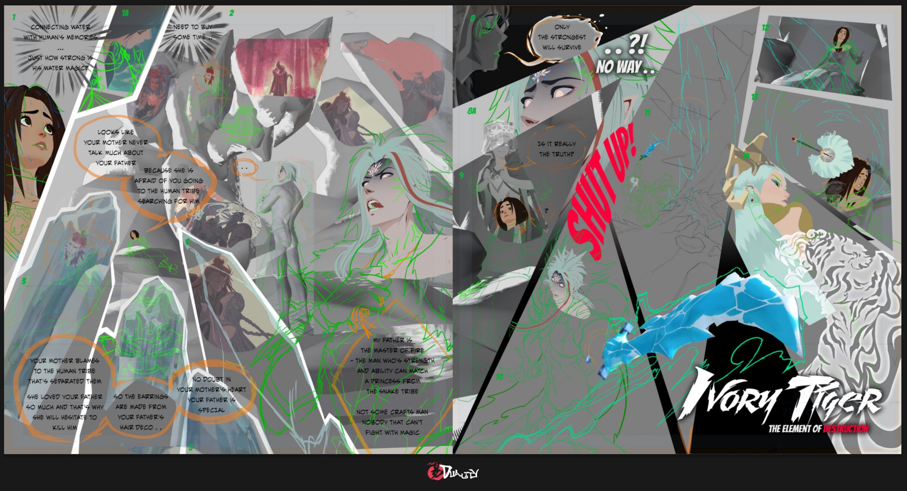 Page K Rough line art cleanup pass and comp in 3D renders