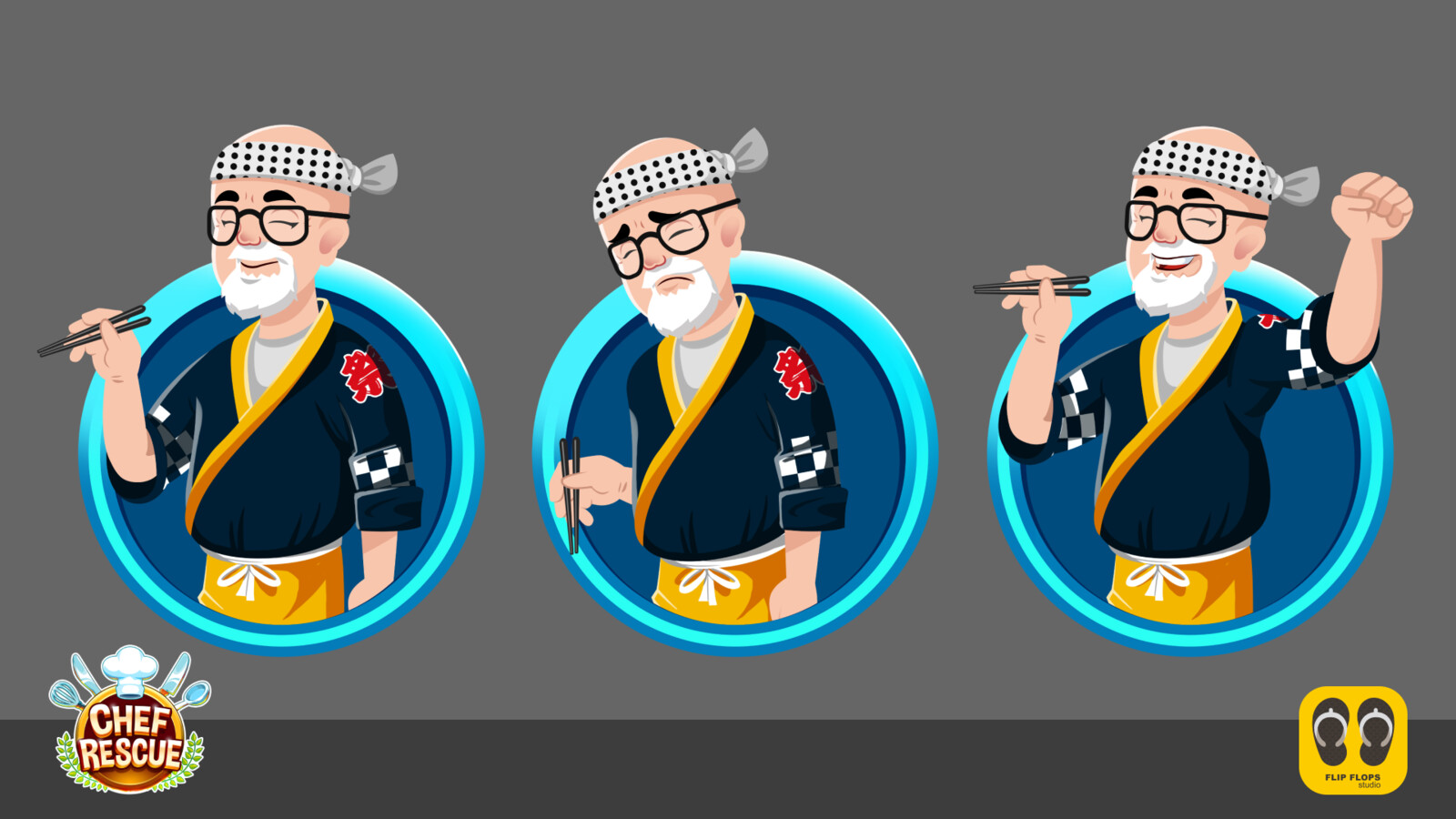 Final artwork of the chef in 3 positions for animation.