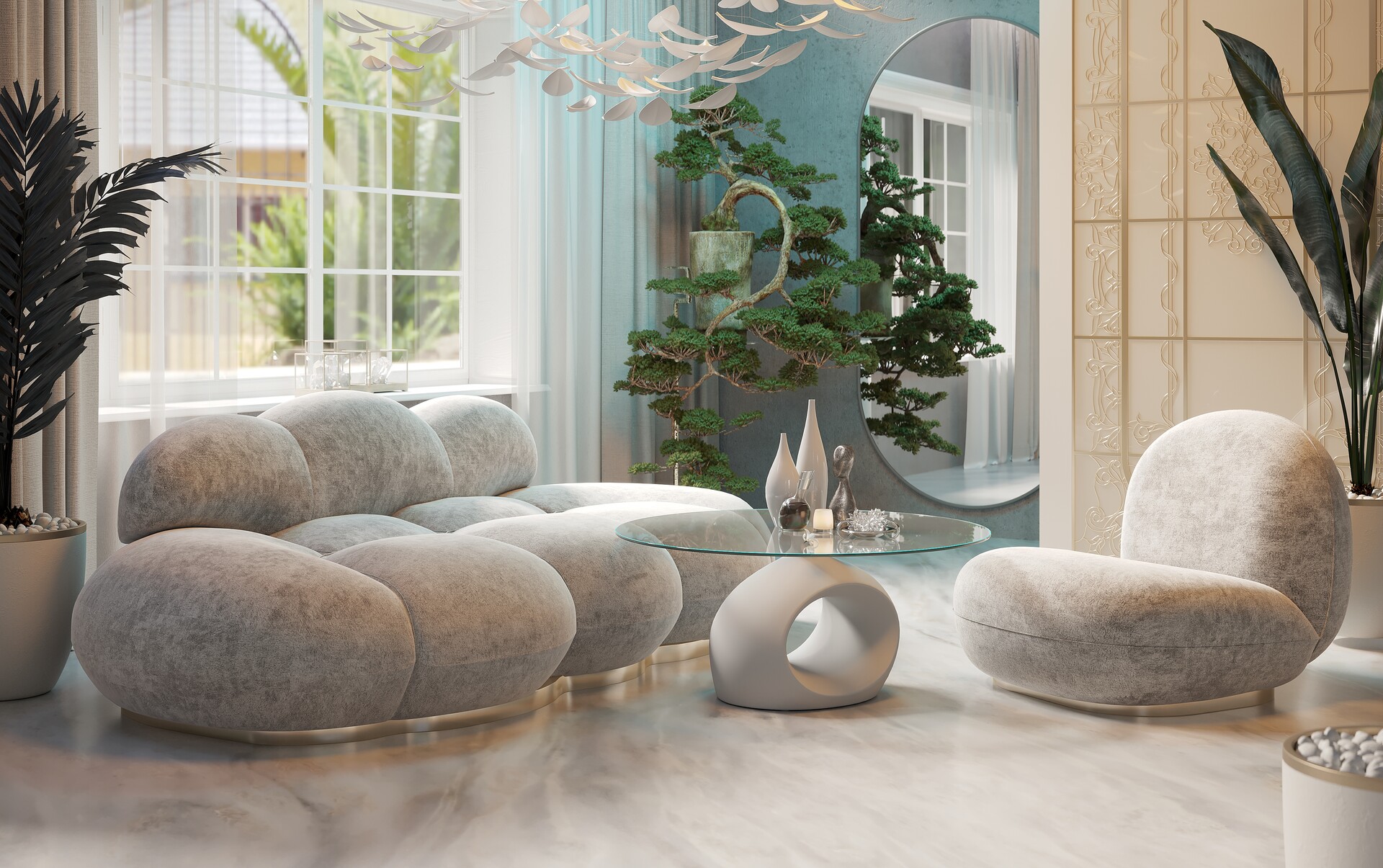 ArtStation - Hall design in country villa with cloud sofa