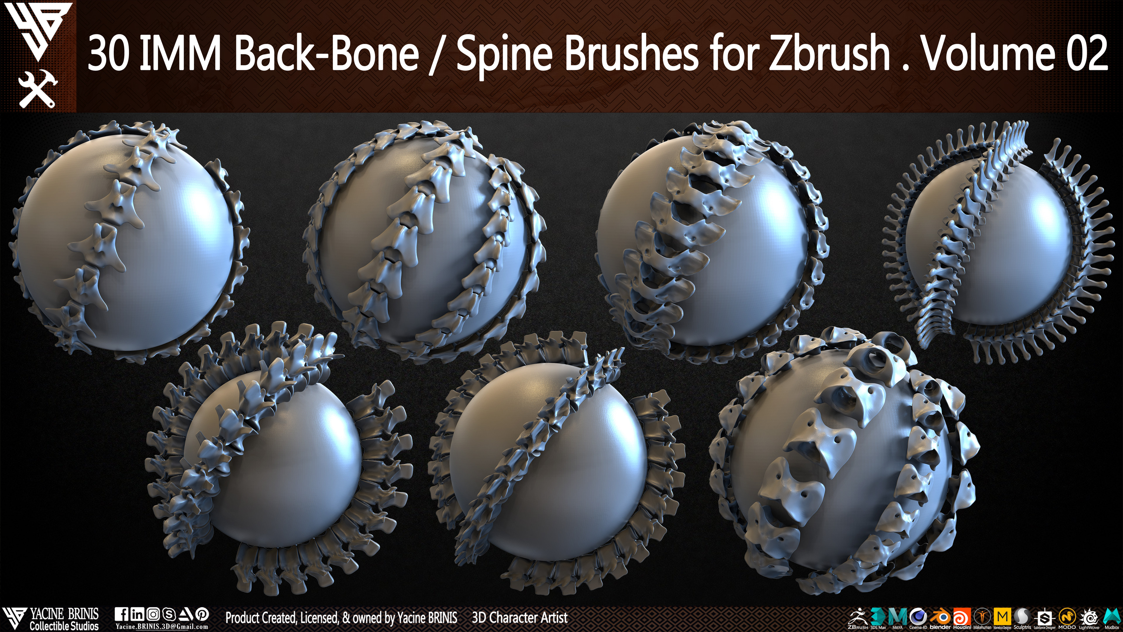 30 IMM Back-Bone - Spine Brushes for Zbrush Volume 02 Sculpted by Yacine BRINIS Set 001