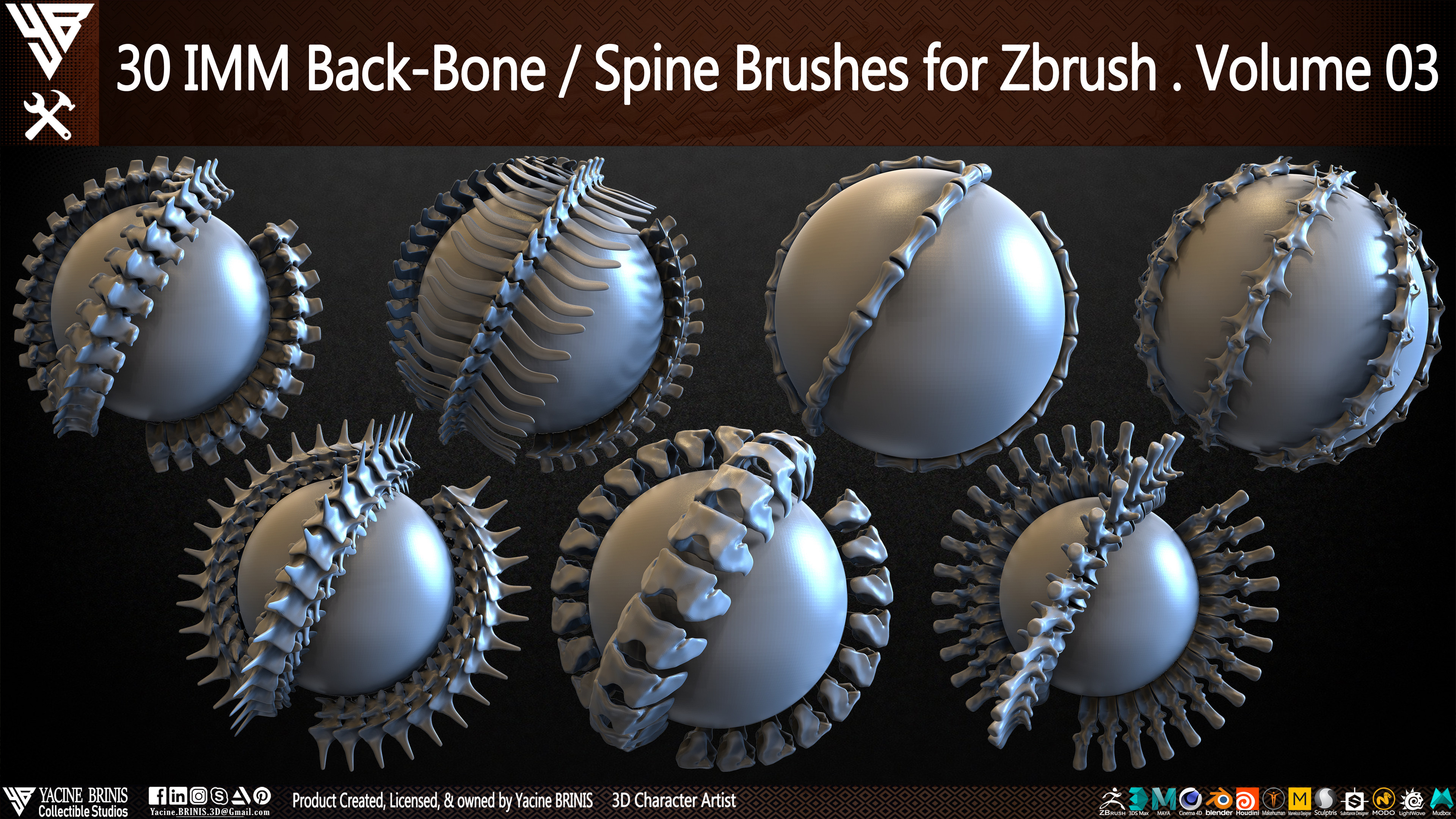 30 IMM Back-Bone - Spine Brushes for Zbrush Volume 03 Sculpted by Yacine BRINIS Set 001