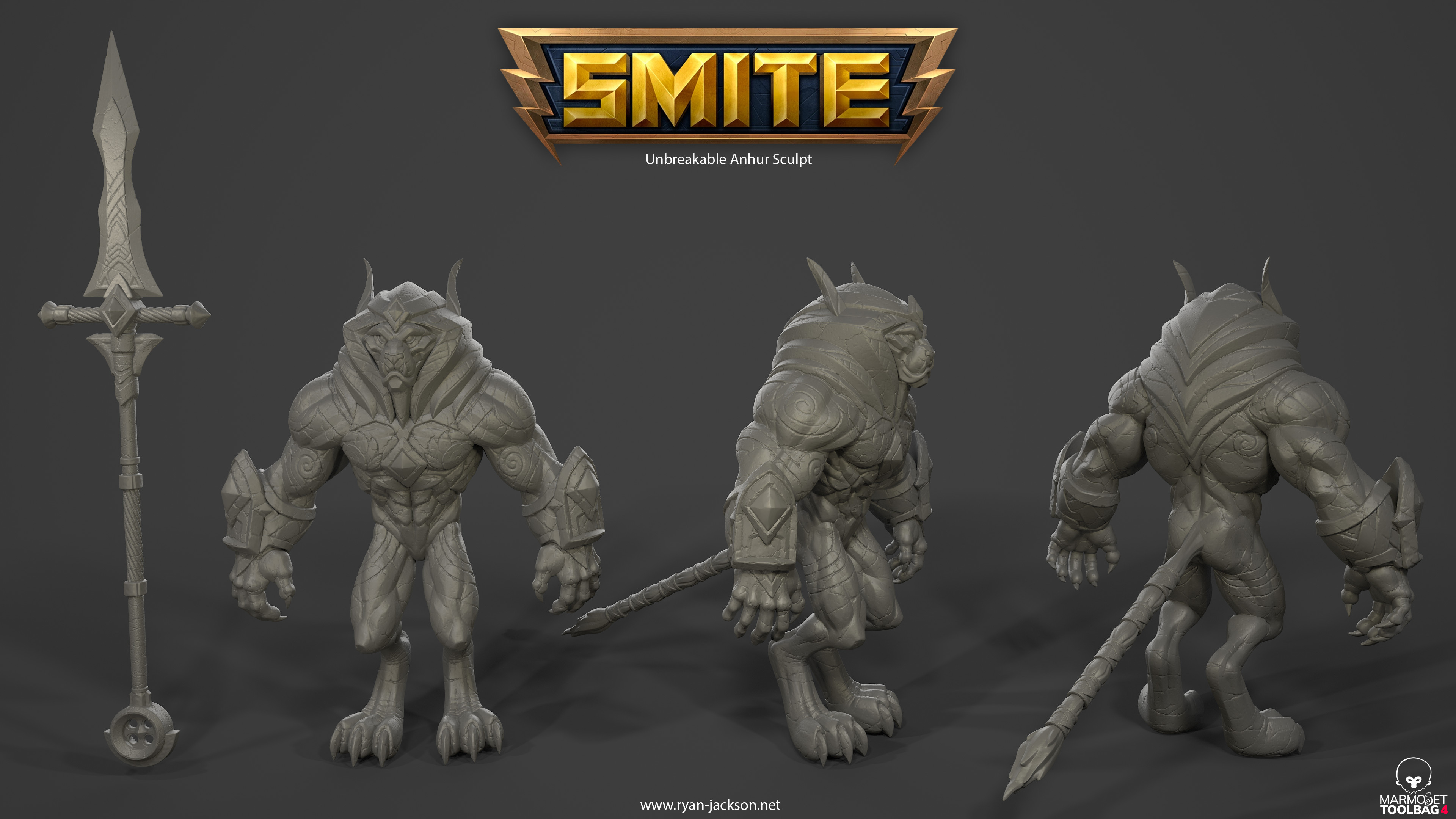 The sculpt of the character and his weapon, decimated, inside Marmoset for a clean render.