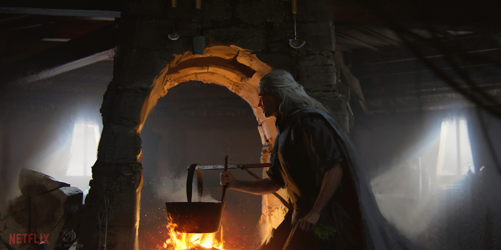 Geralt cooking at the winter safehouse