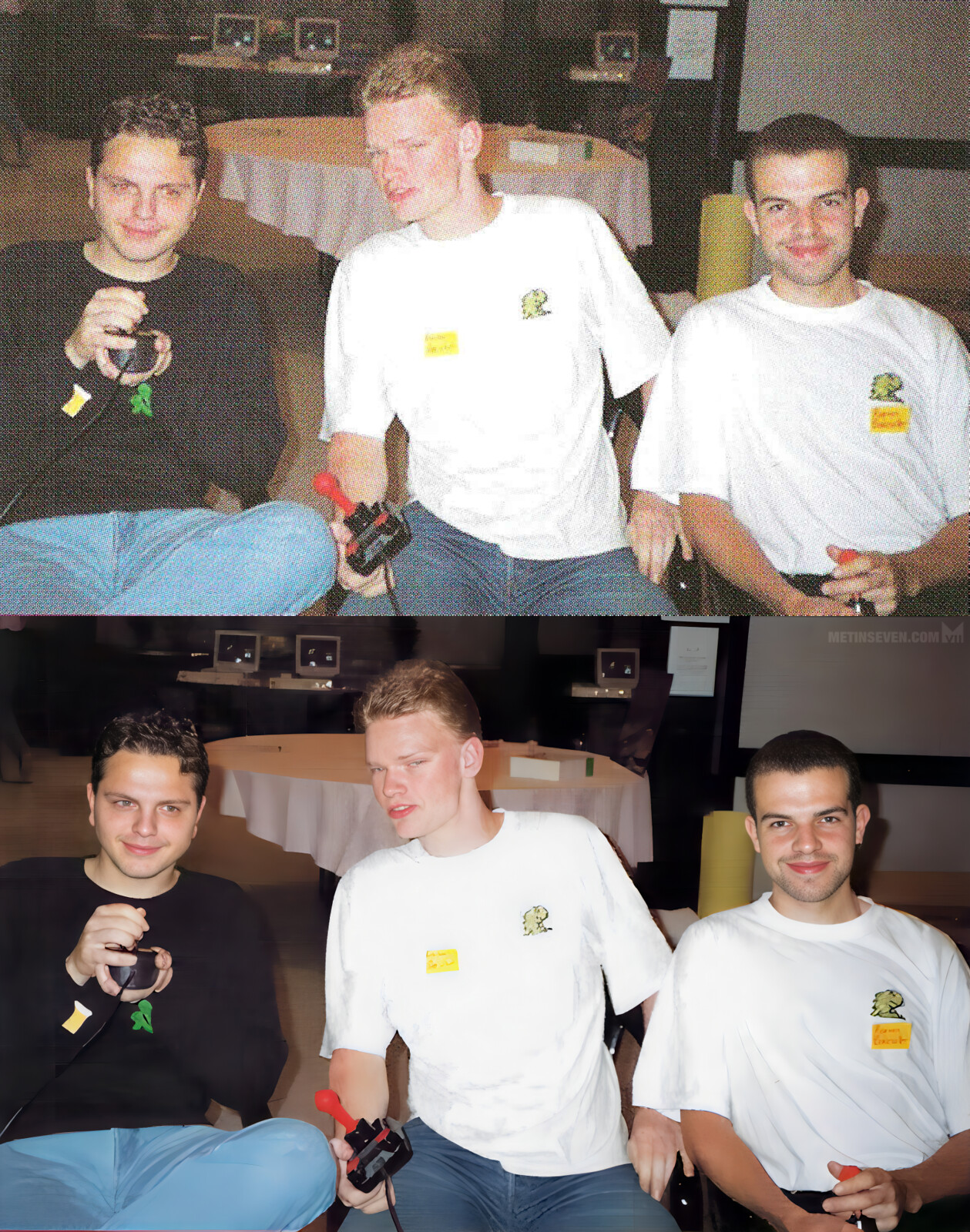 Restoration of a photo from a scanned old printed magazine page, featuring the Team Hoi Amiga game developers.