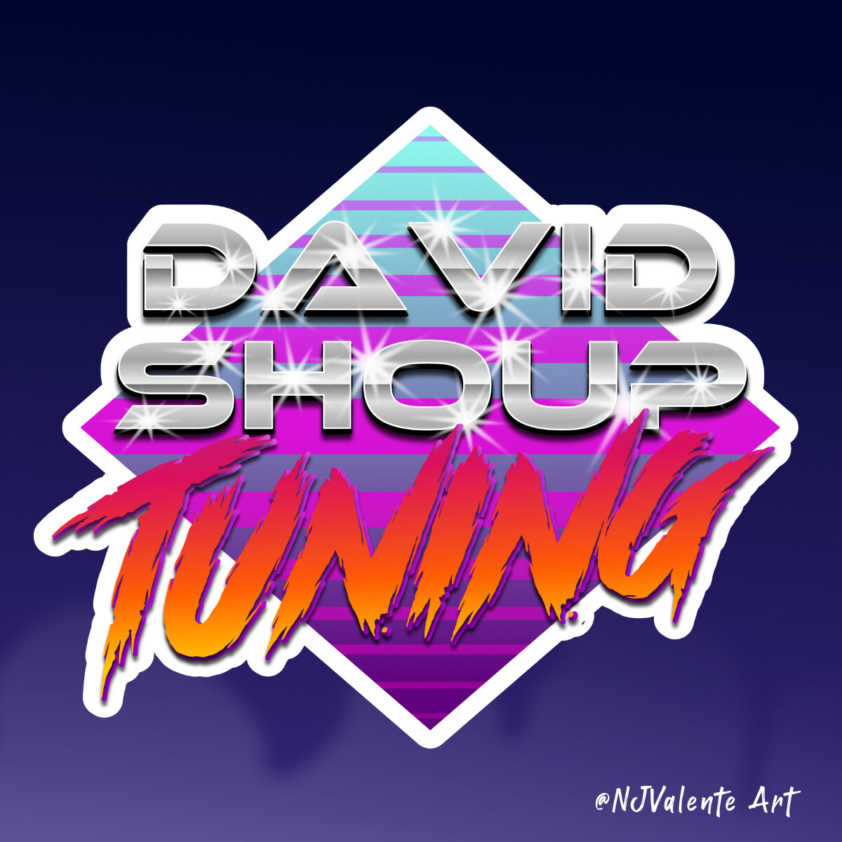 Sticker version 1 of 80s Synth Car Tuning Logo, done in Affinity Designer.