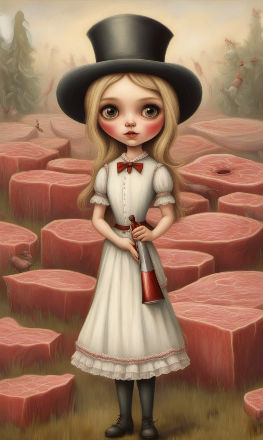 Raw Prompt: Someone asked for people to contribute to an ai art contest in the style of mark ryden. I was less concerned with copying the style, and more concerned with making something that could conceptually be weird enough to be a Mark Ryden.