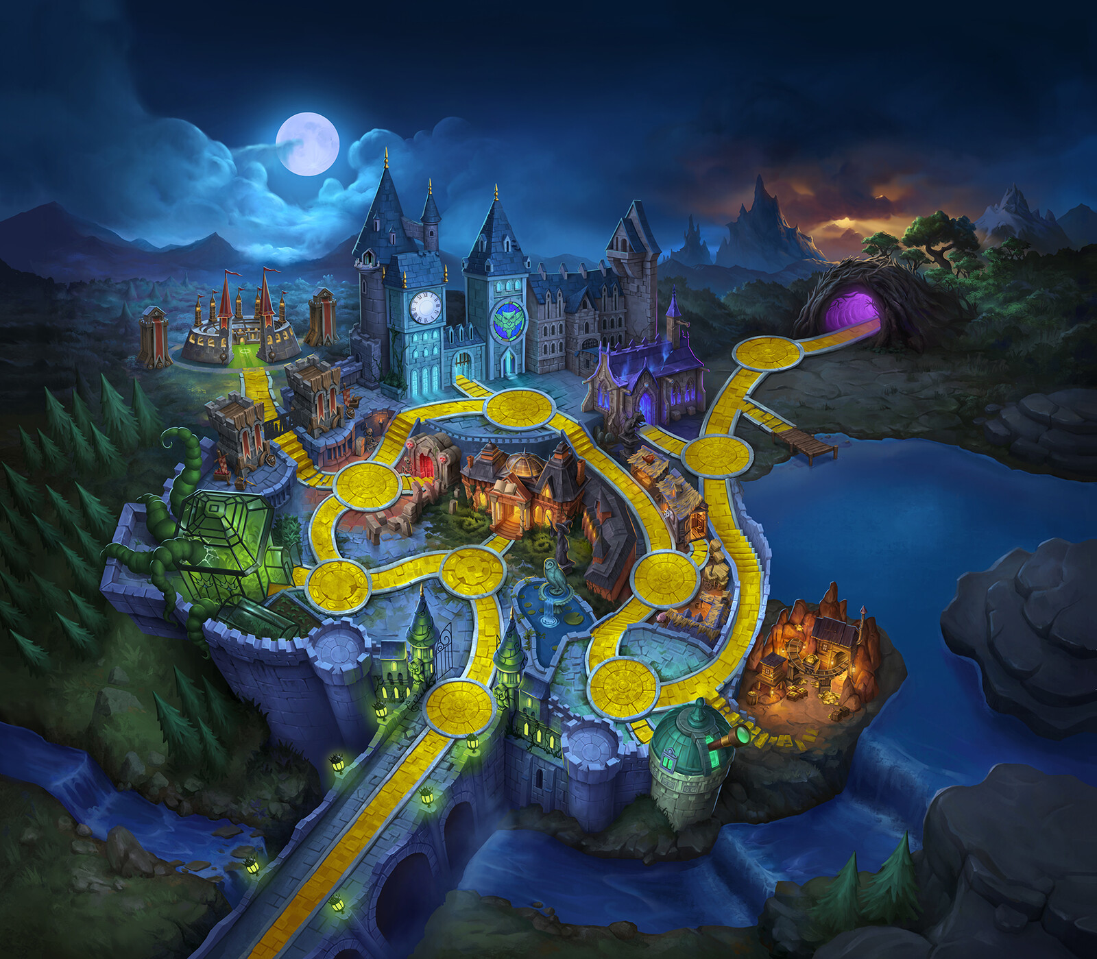 A wizard school themed map that went through multiple revisions, including a 'yellow brick road' type pathway and a forced 5-point perspective view with a flat horizon.