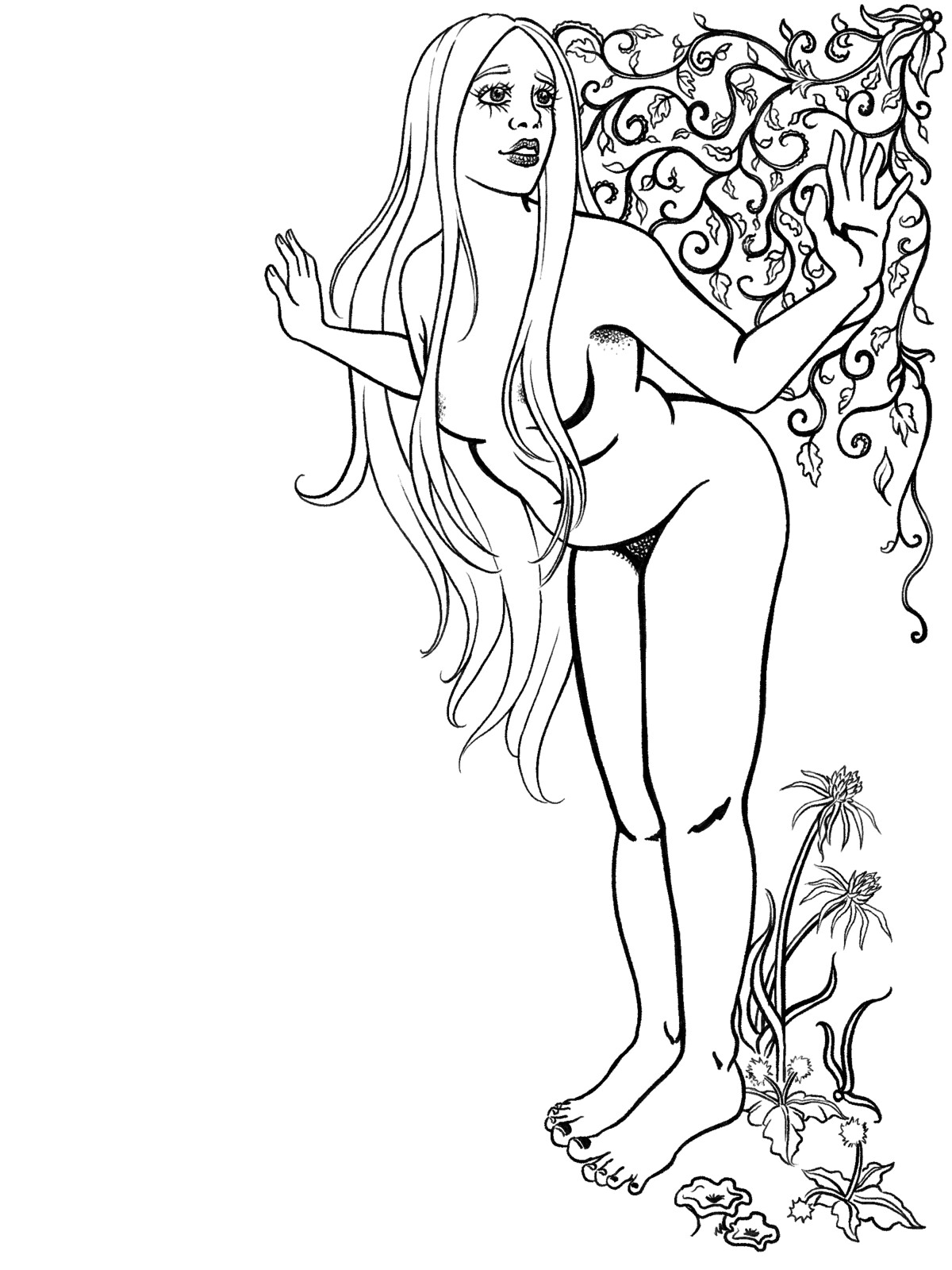 A light-haired nymph poses leaning forward, surrounded by climbing ivy