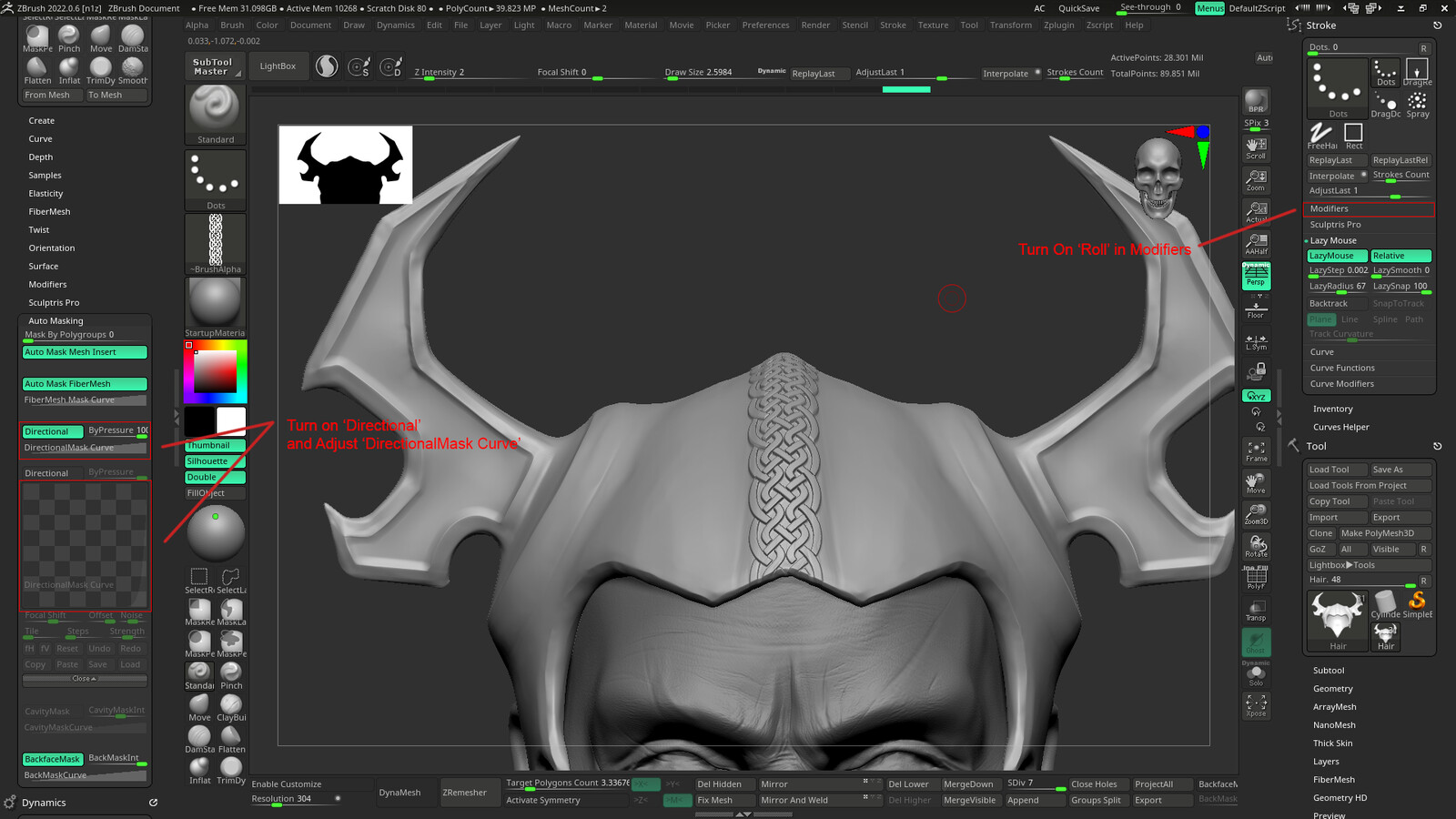 Celtic pattern alpha, sculpting method in Zbrush