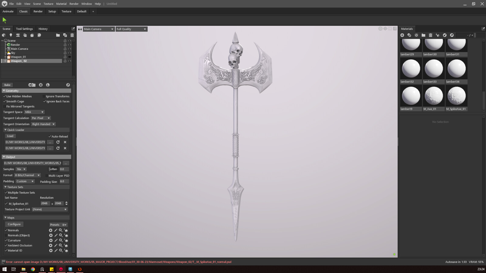 Baking Spear Axe in Marmoset Toolbag