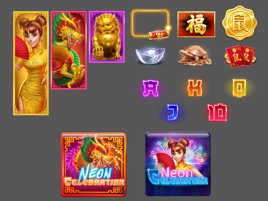 Neon Celebration
Symbols, Logo and Tile