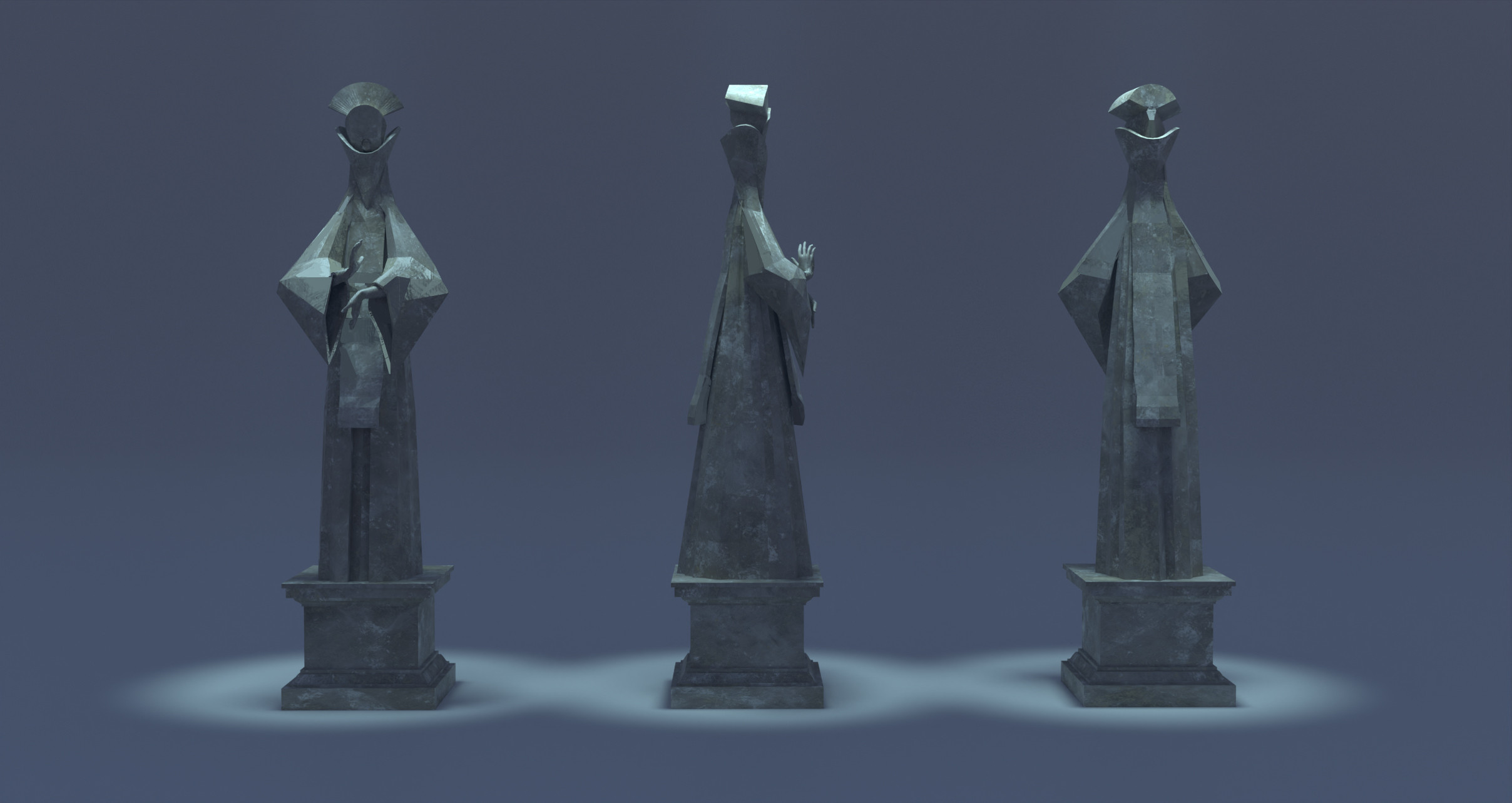 The statue. I wanted this being to look human enough to feel familiar, but oddly proportioned and alien at the same time. I used strong geometric shapes to make her feel otherworldly. The hand gesture is a symbol of balance between life and death.
