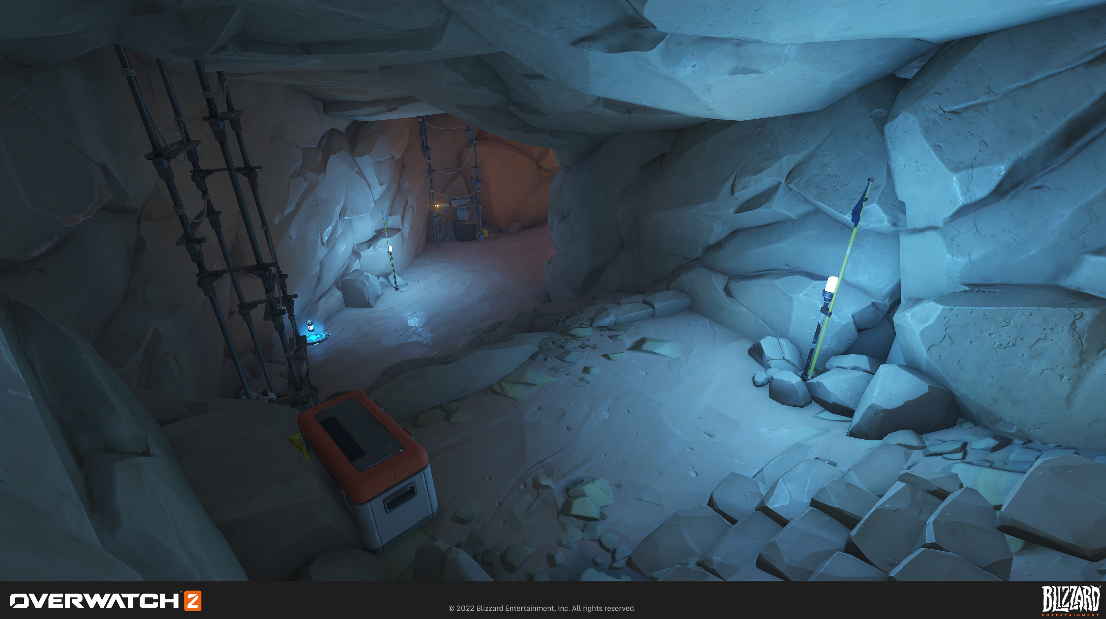 Added scale elements around the cave system to reinforce a sense of human abandonment (digging/mining operation).