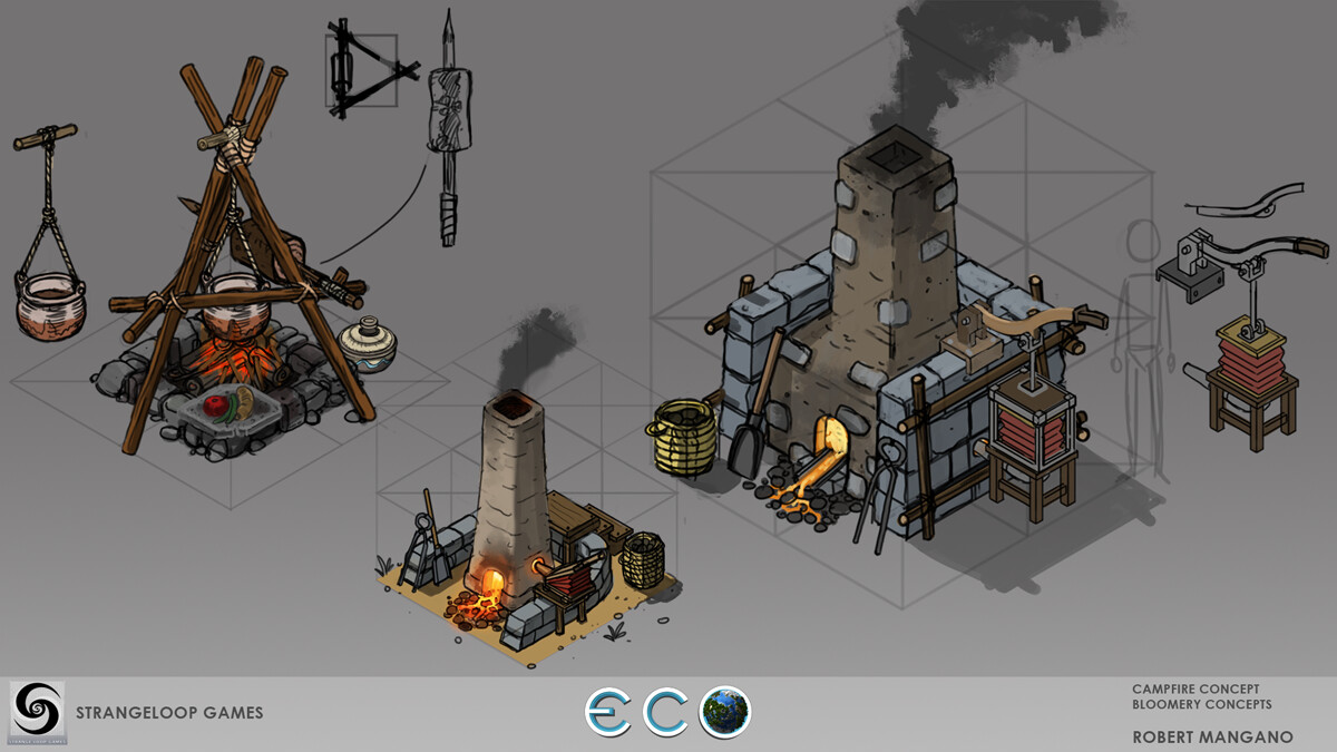 Campfire and bloomery world object concepts