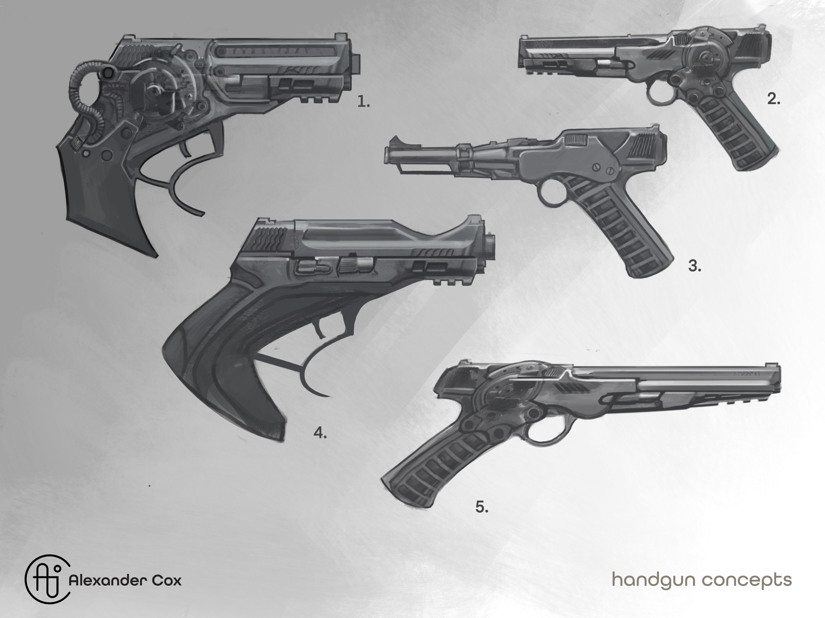 No noir detective is complete without a sidearm. I wanted something that was cyberpunk but reminiscent of noir-era fire arms