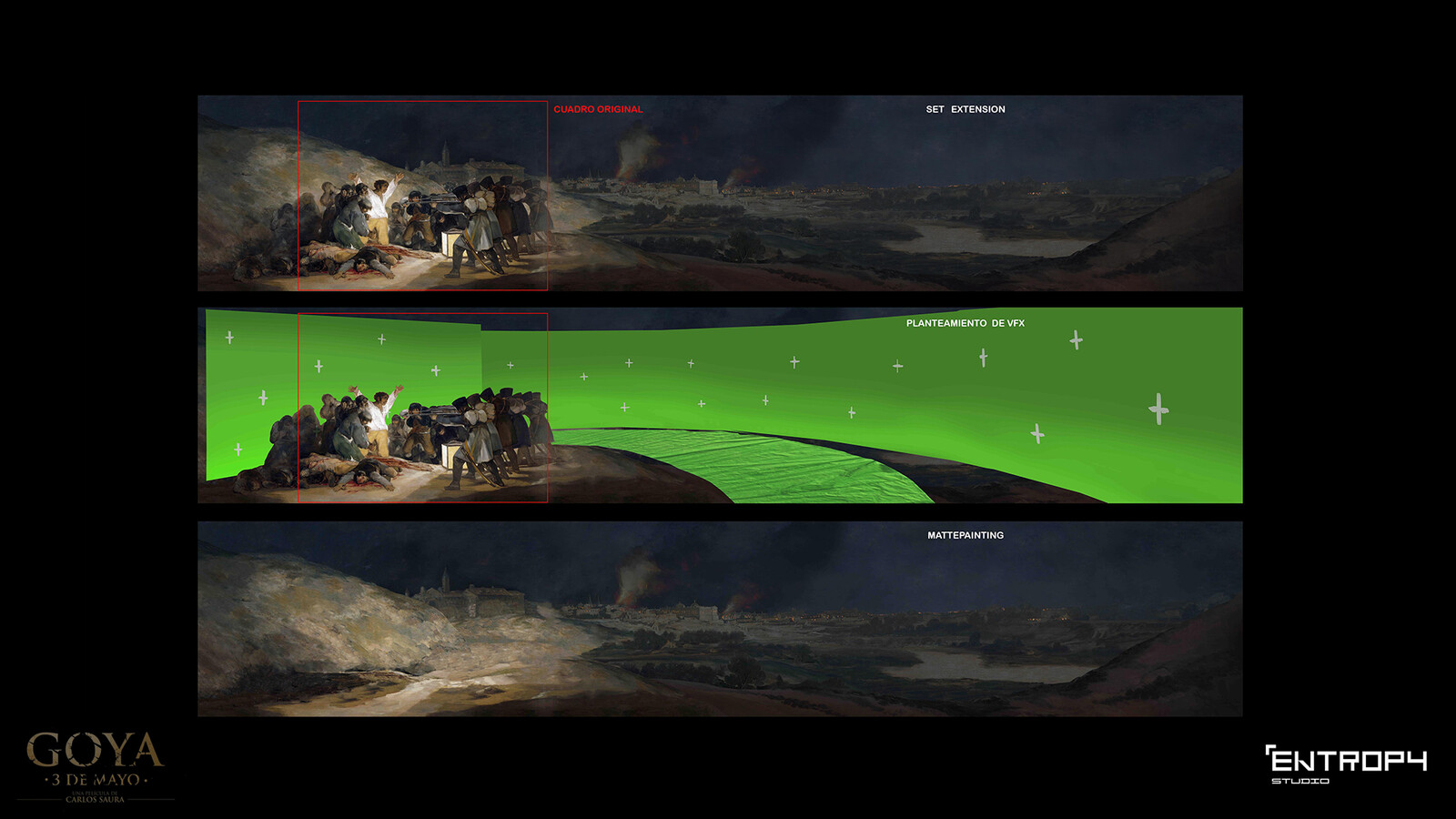 Set extension of "fusilamientos del 3 de Mayo". mattepainting created from the original painting and removed the caracters.