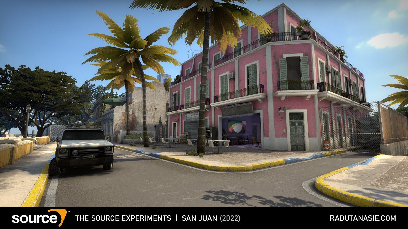 The attacking team starts similarly in a street, but is facing a bright pink hotel.