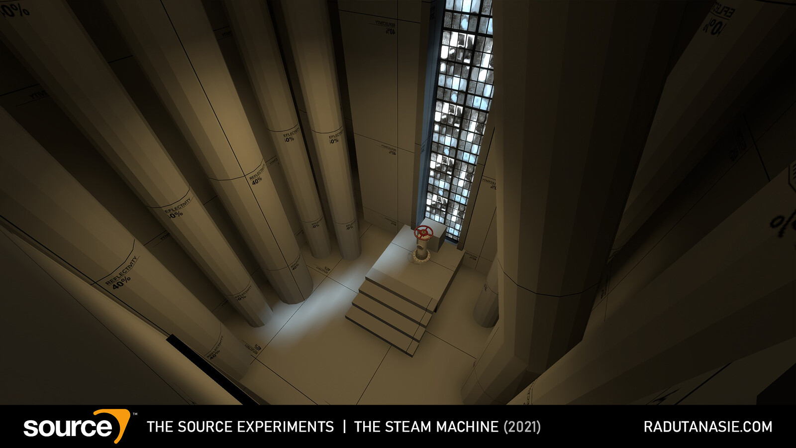 The main objective in the level, placed at the top of a tall building, is the red valve that controls the steam machine, a sprawling conglomerate of pipes that keep the town foggy.