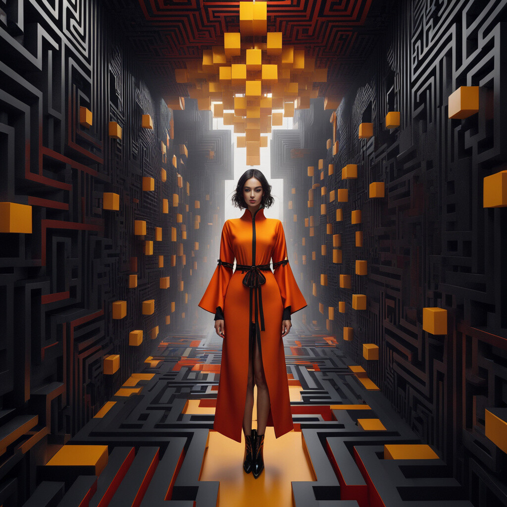 ArtStation - female in orange robe standing in a cubic world