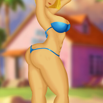 tracer game character, in yellow bikini thong yellow