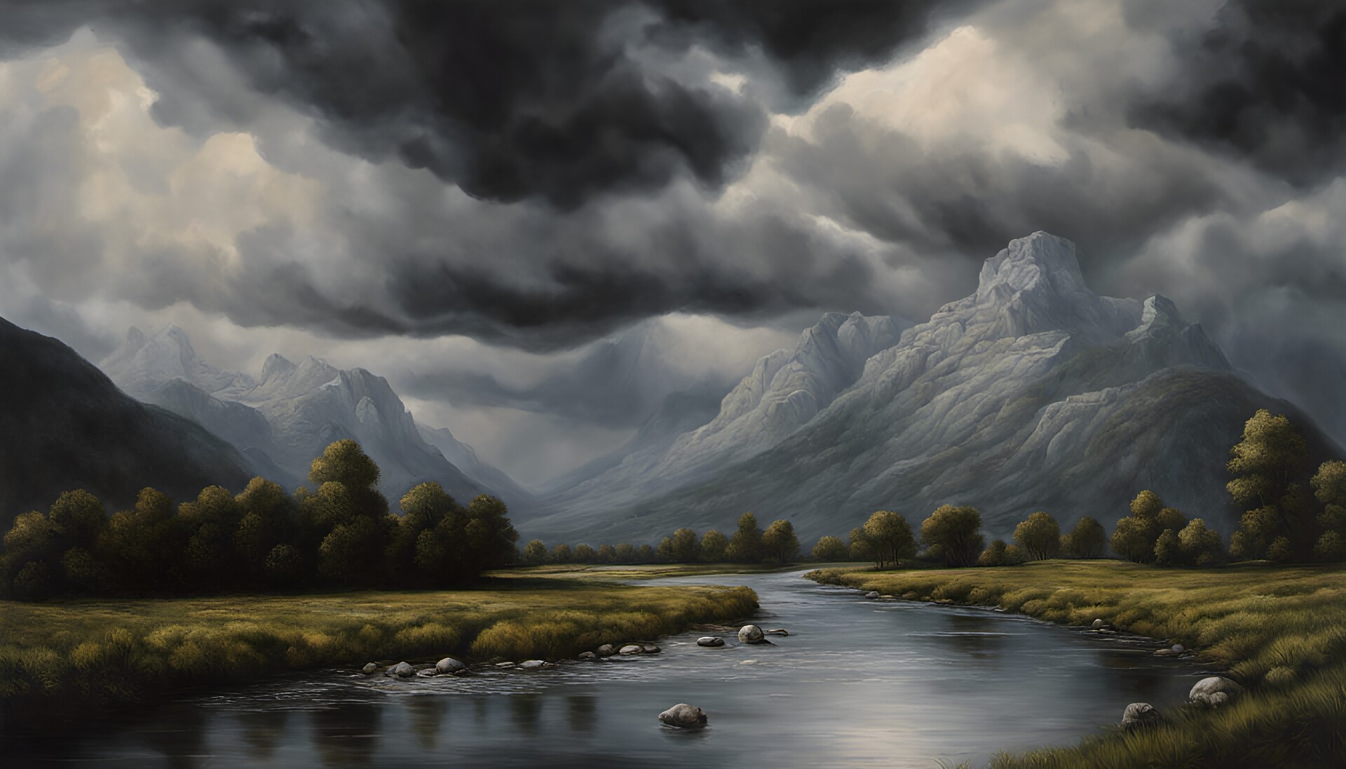 ArtStation - Mountain valley river with dark clouds above, image size:1920x1097