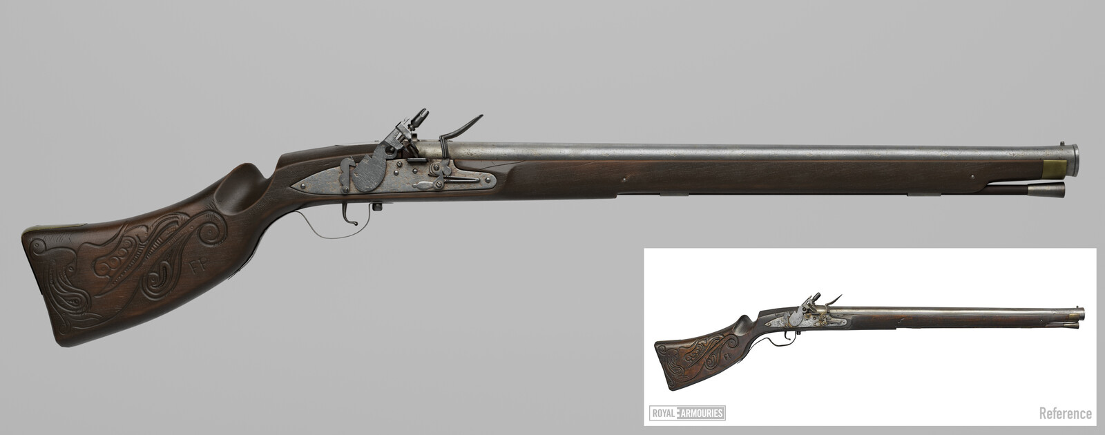 Harquebus : fine details were sculpted  in ZBrush then baked to normal maps