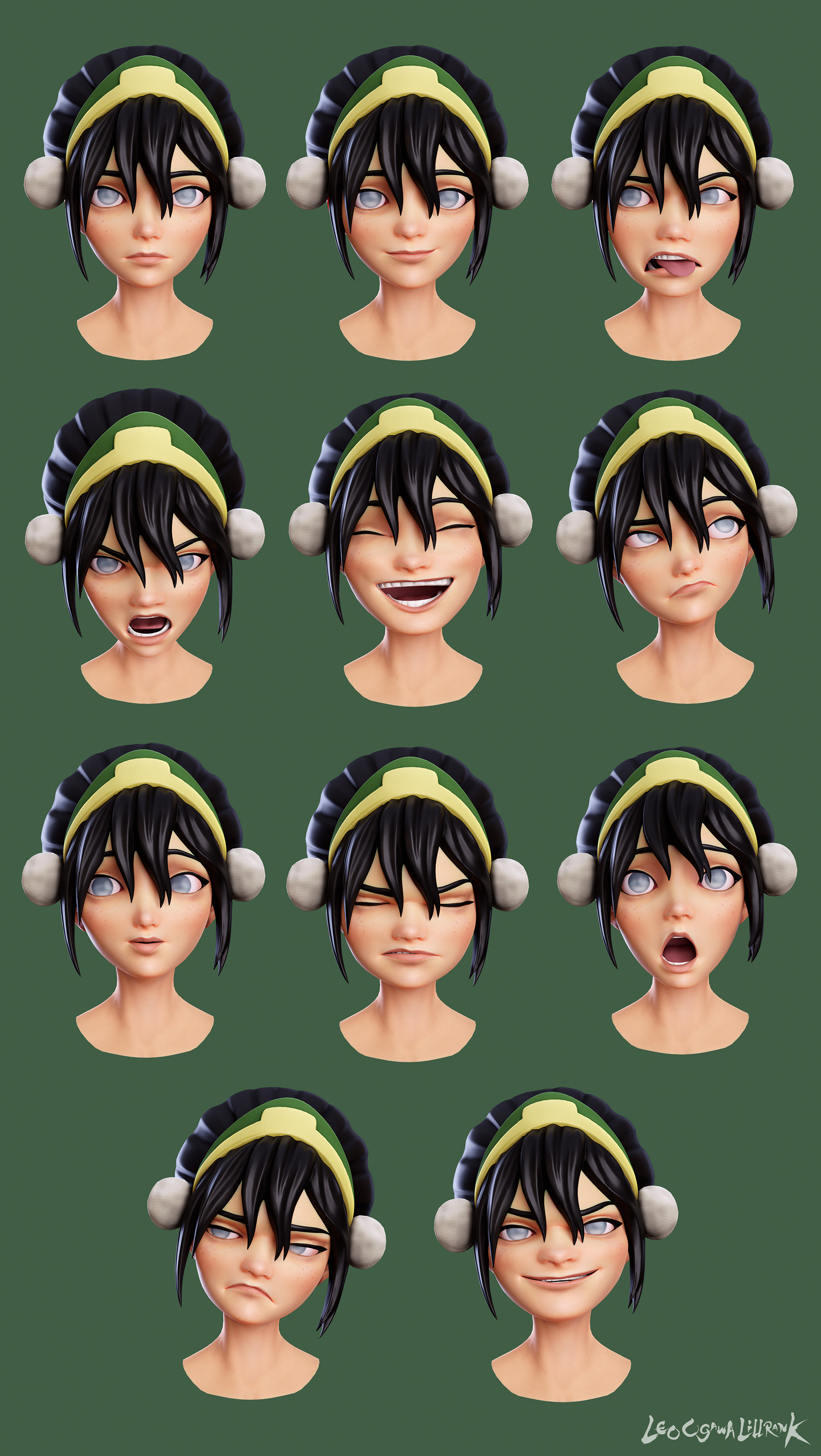 It includes a face rig. Here are some expression examples.