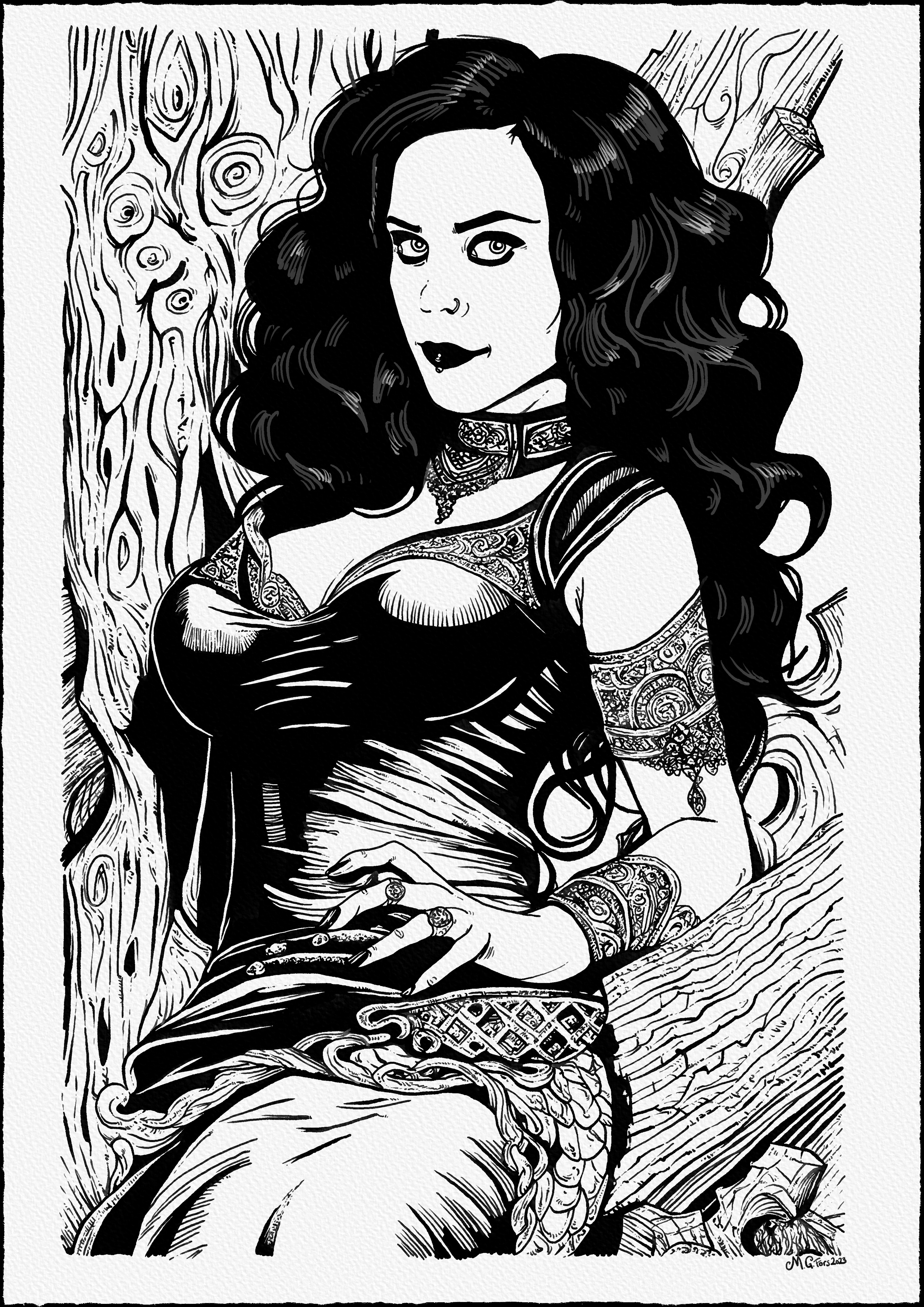 Second drawing in Rebelle 5. 
Using the brush for traditional ink and just some digital water to make the digital ink flow. Quite impressive. 
