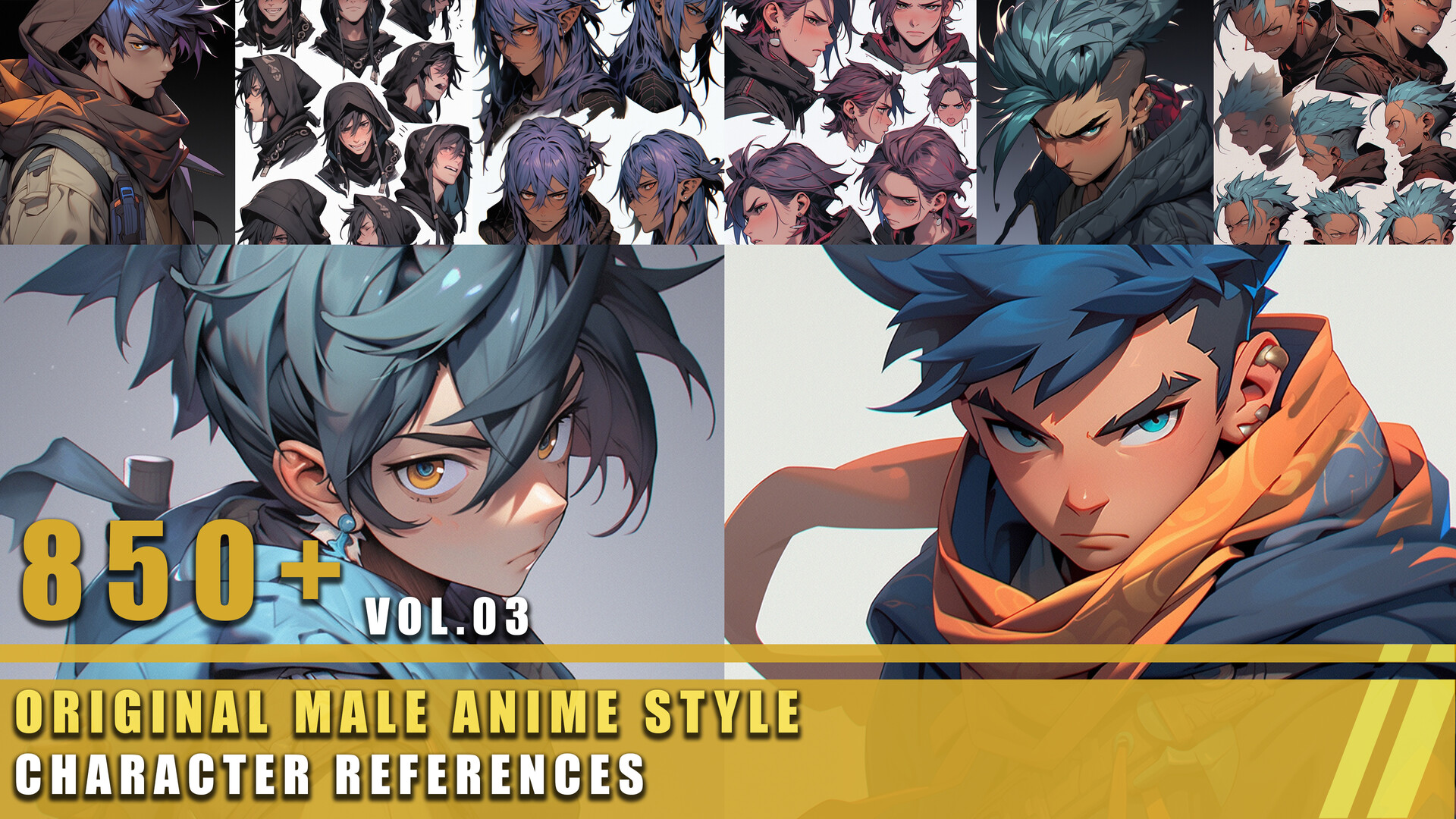 Anime style original character reference sheet, male character with light  blue and yellow hair, wearing flashy clothing