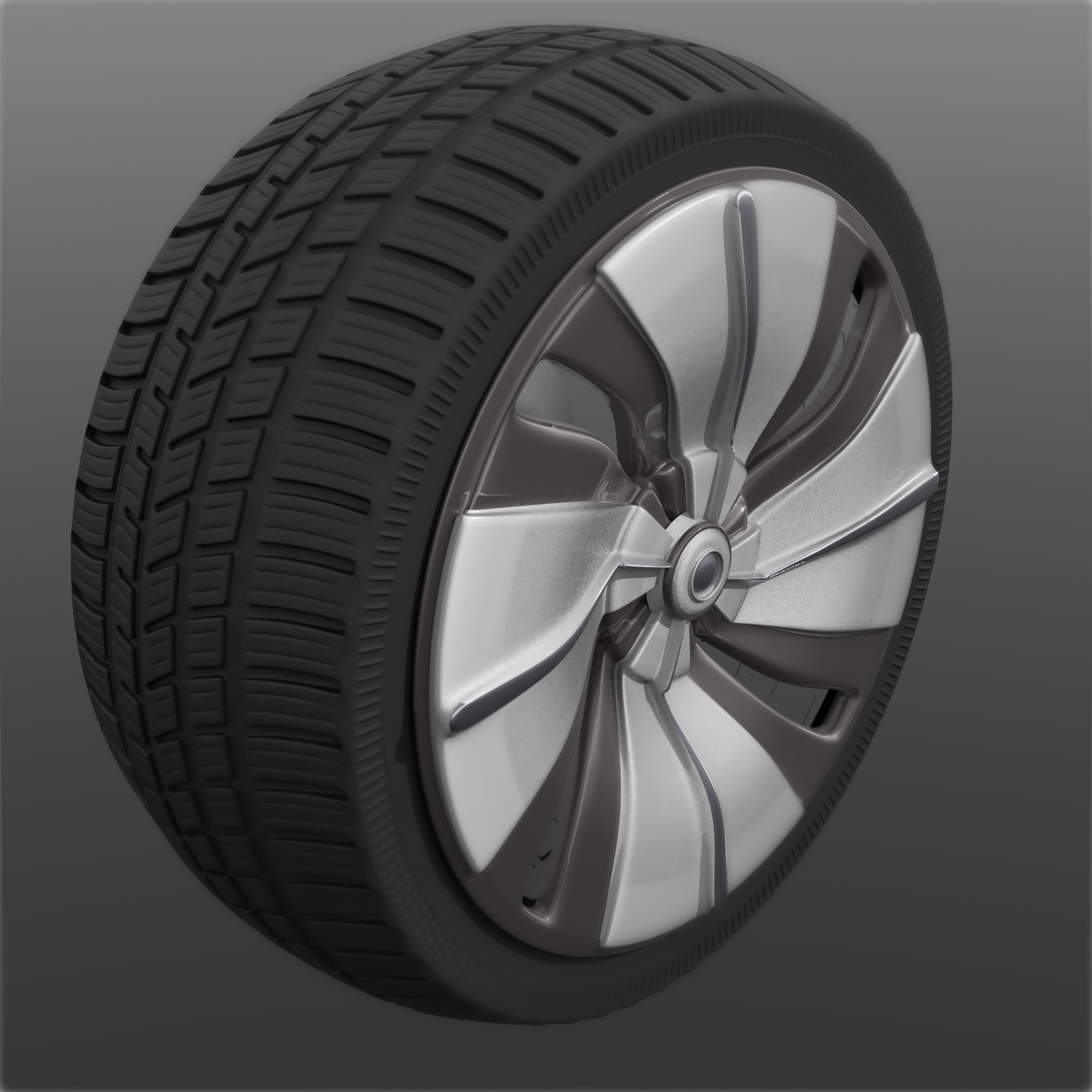This is a wheel-and-tyre I modelled in Modo using a procedural setup (With some significant assistance from an exemplar by Eugene Fil (https://www.artstation.com/eugenethemodeler) - cheers mate!)