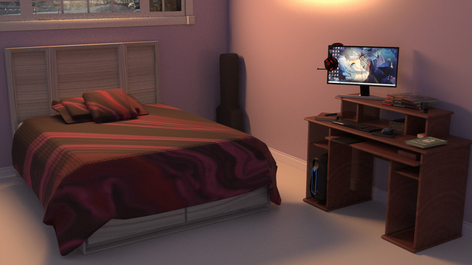 Render of a corner of a bedroom scene, featuring a desk, bed, window, and guitar case.