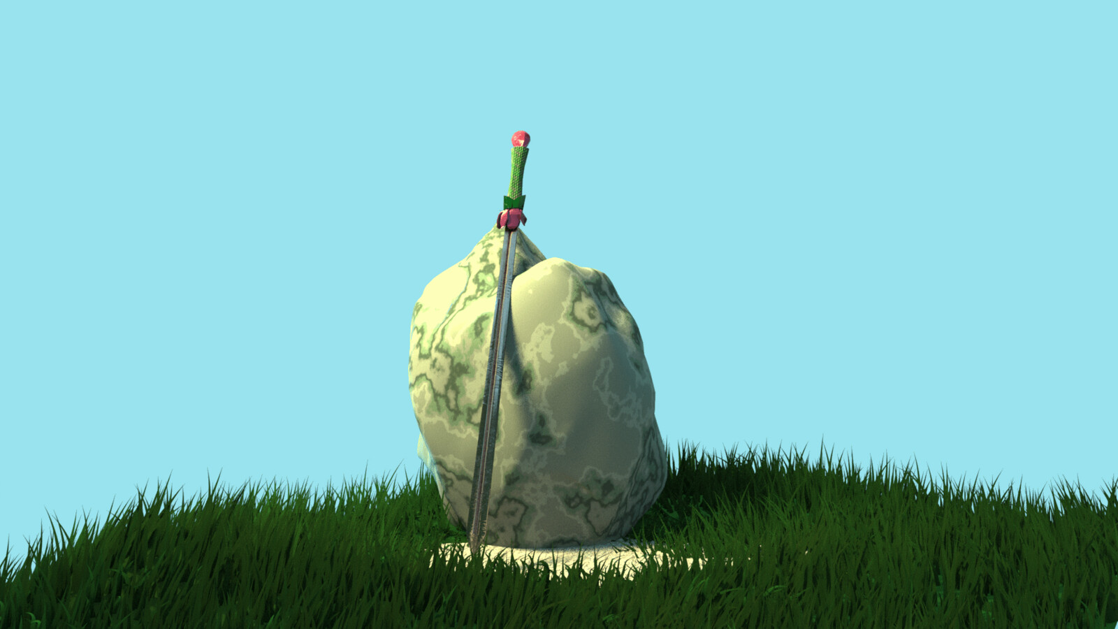 Render of a sword against a boulder, the sword features a rose petal shaped crossguard.